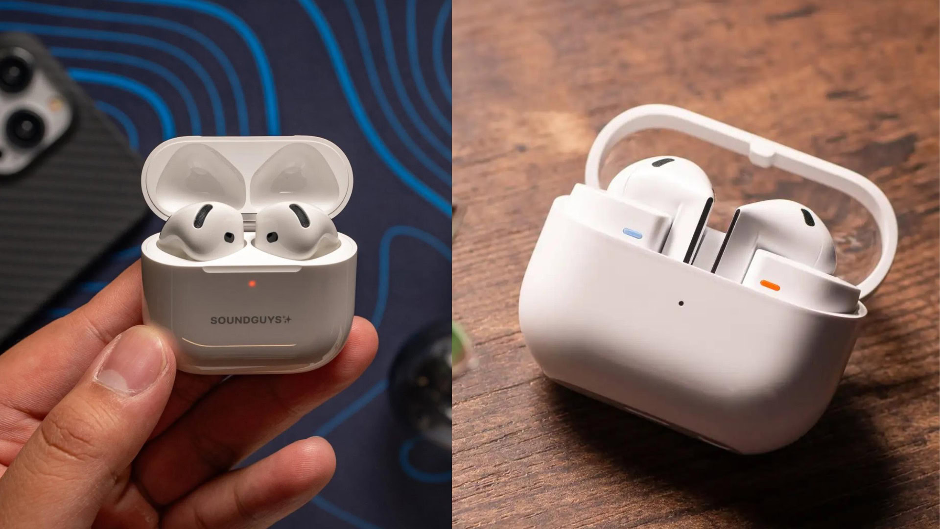 A photo of the Apple AirPods 4 with Active Noise Cancelation compared to the Samsung Galaxy Buds3