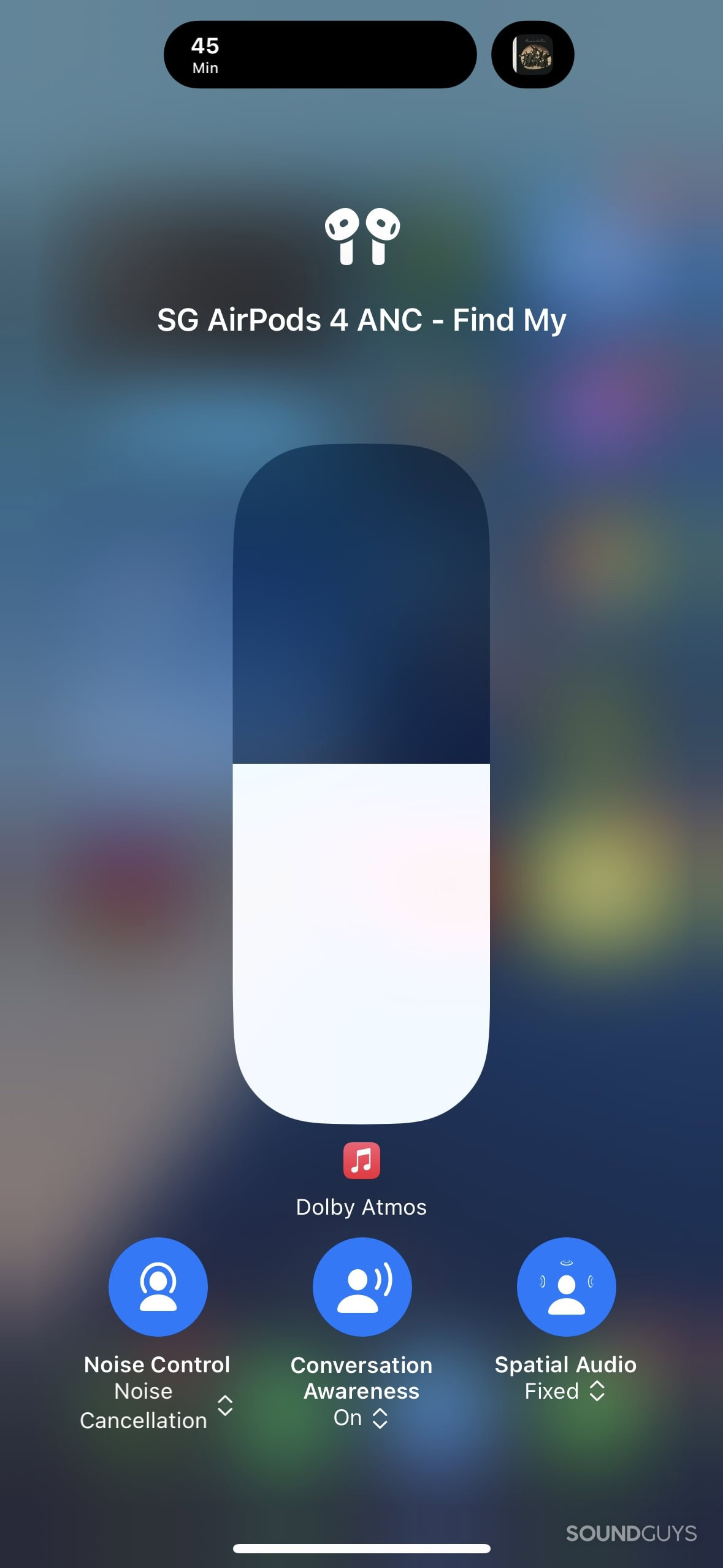 A screenshot of the AirPods with Active Noise Cancellation listening controls inside of control centre.