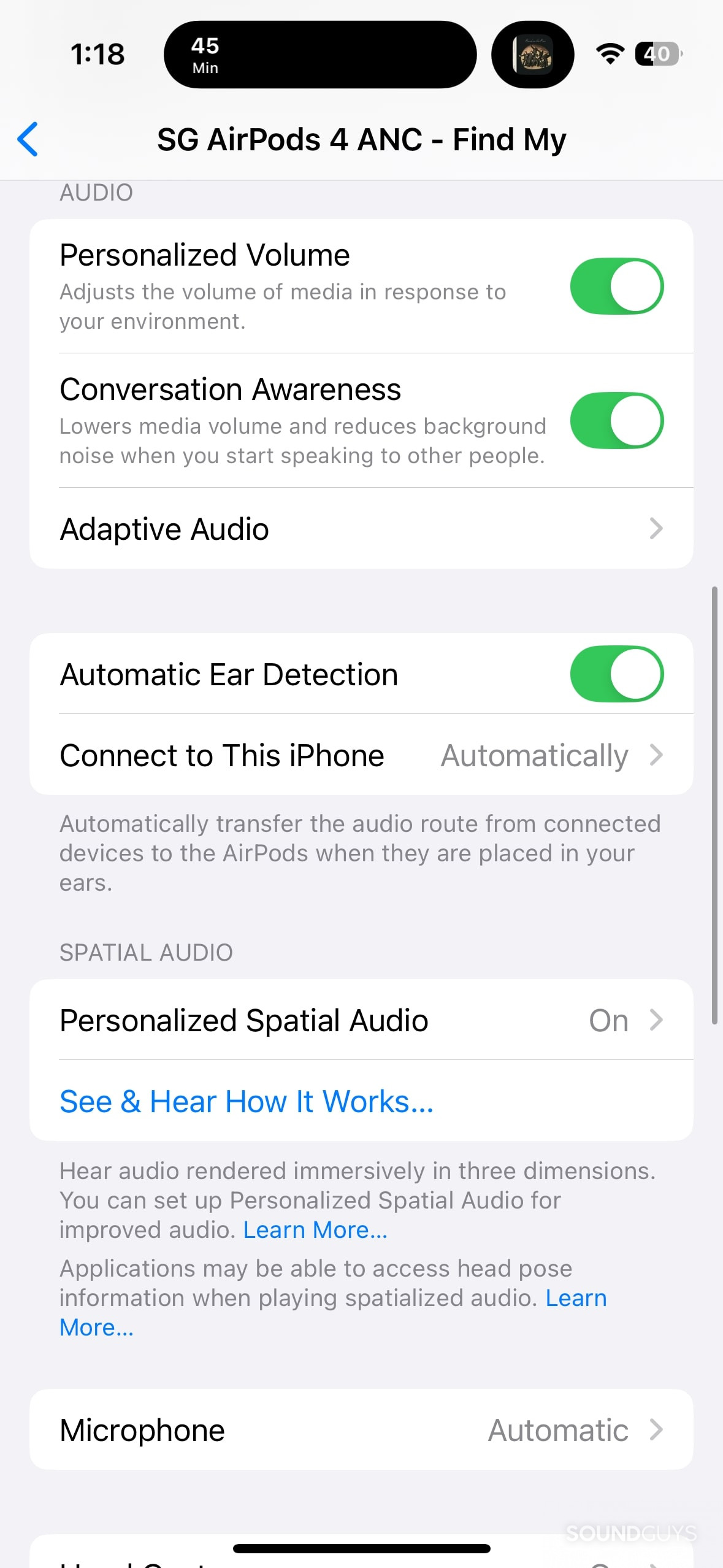 A screenshot of the AirPods 4 with Active Noise Cancellation customization options inside of the Settings app.