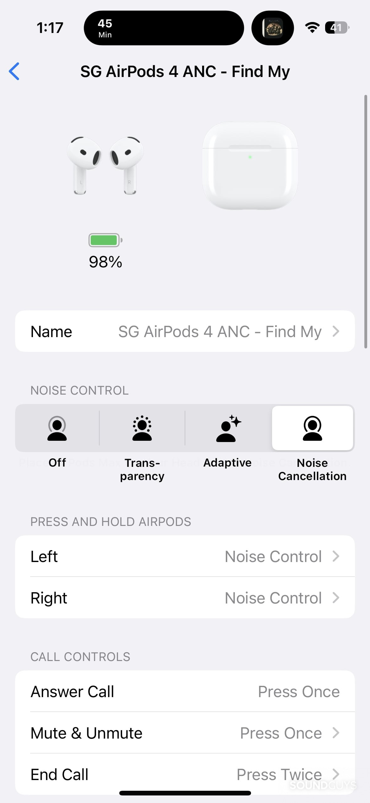 A screenshot of the Airpods 4 with Active Noise Cancellation controls within the Settings app.