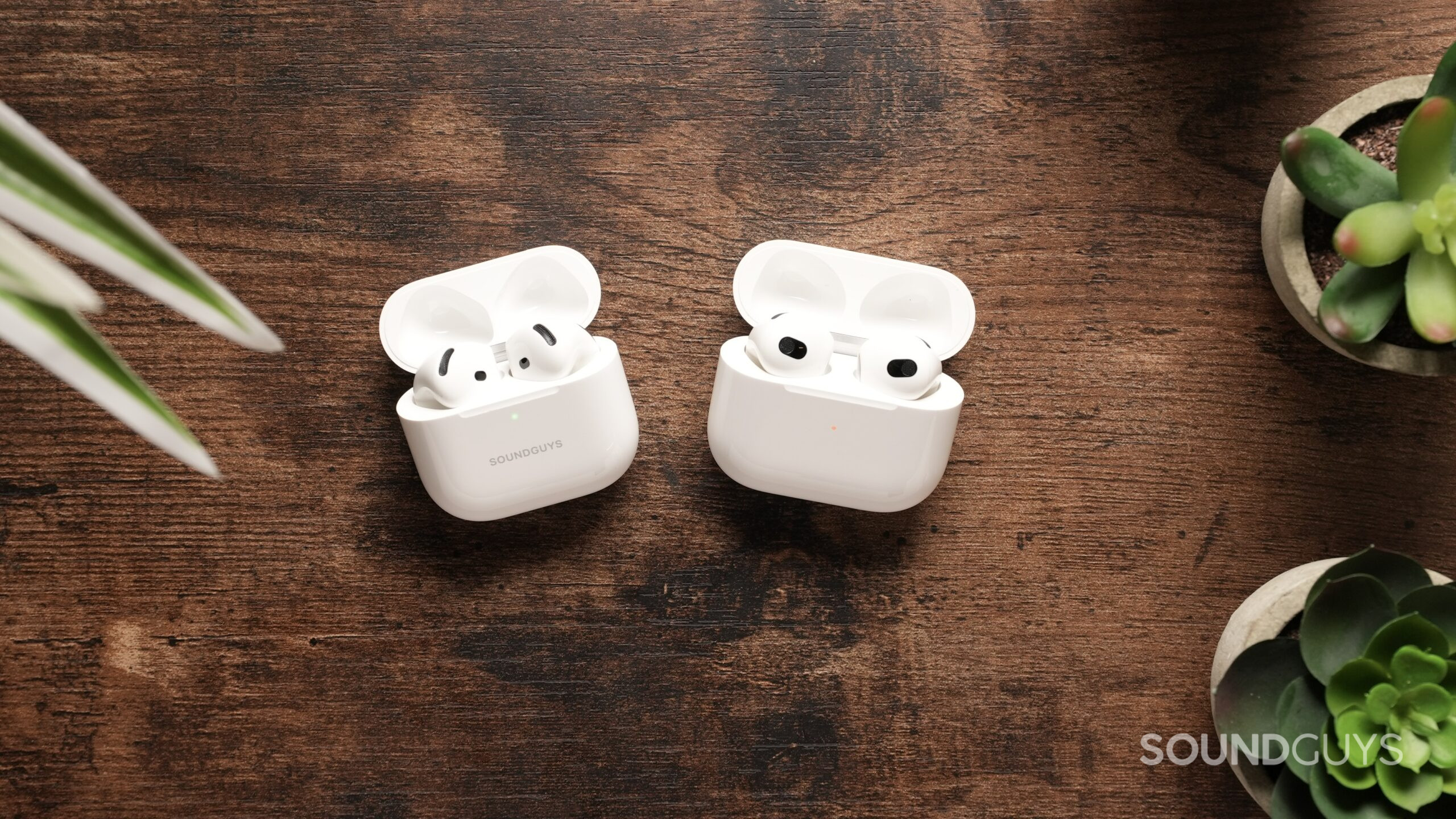 Top down view of the AirPods 4 next to the AirPods 3.