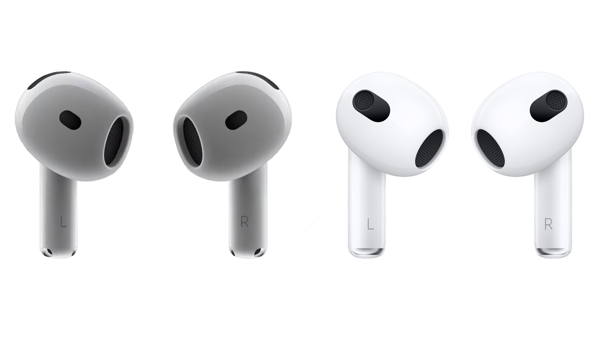 A comparison of manufacturer renders of the AirPods 3rd Gen. and the AirPods 4.