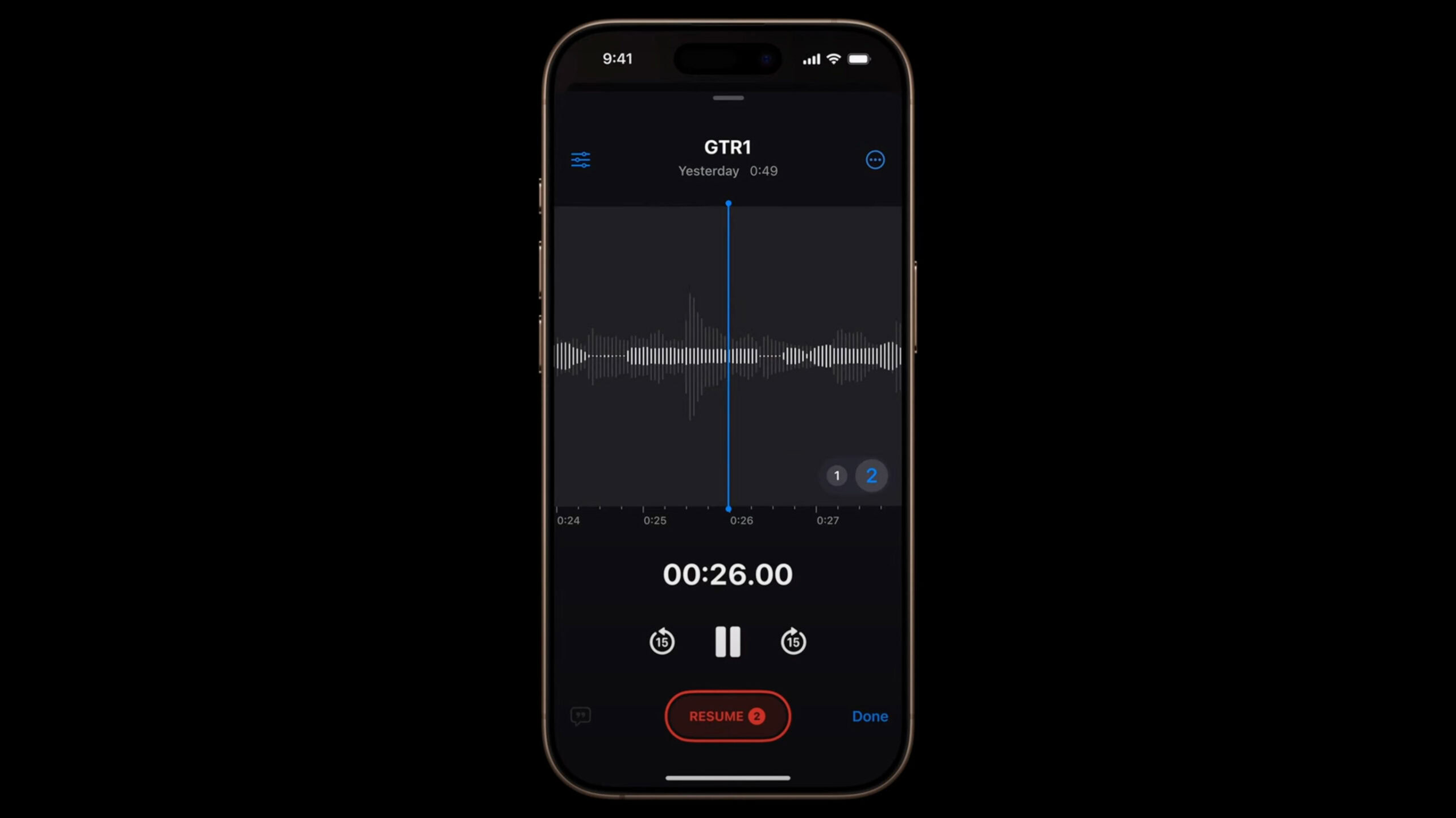 Apple Voice Memos screenshot showing a second track recording over the first track. 