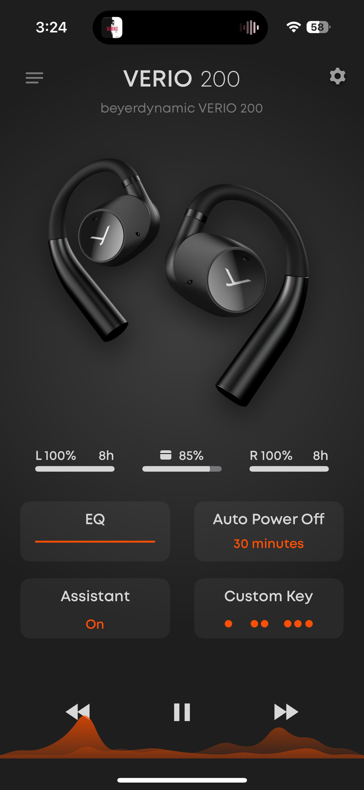 A screenshot of the Beyerdynamic app while connected to the Verio 200 earbuds.