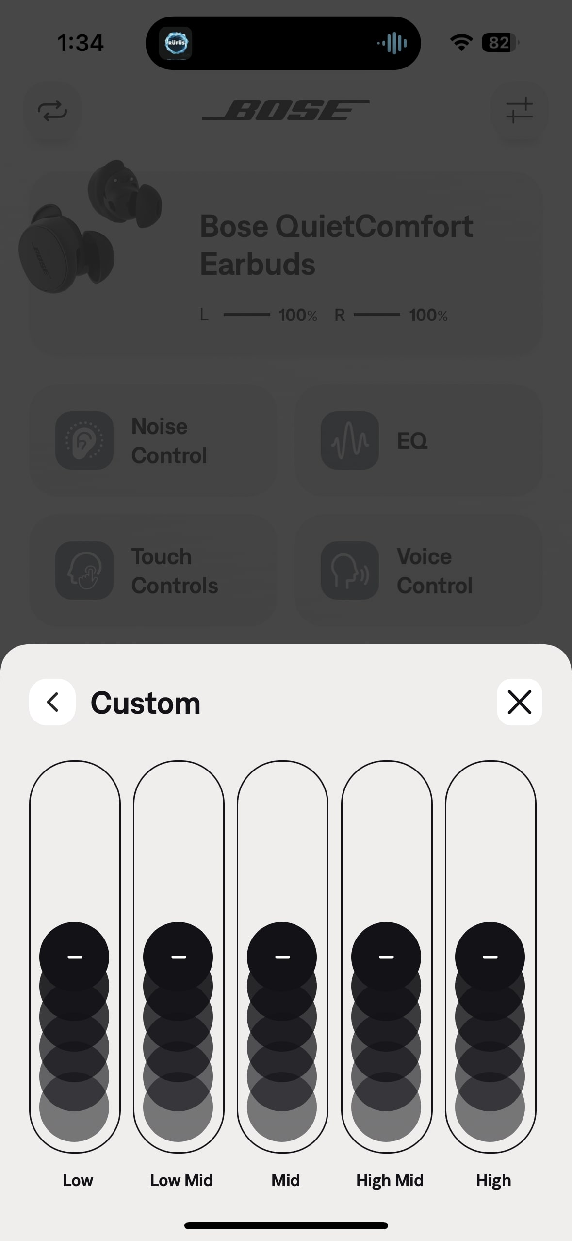 A screenshot of the Bose QuietComfort Earbuds app custom equalizer.