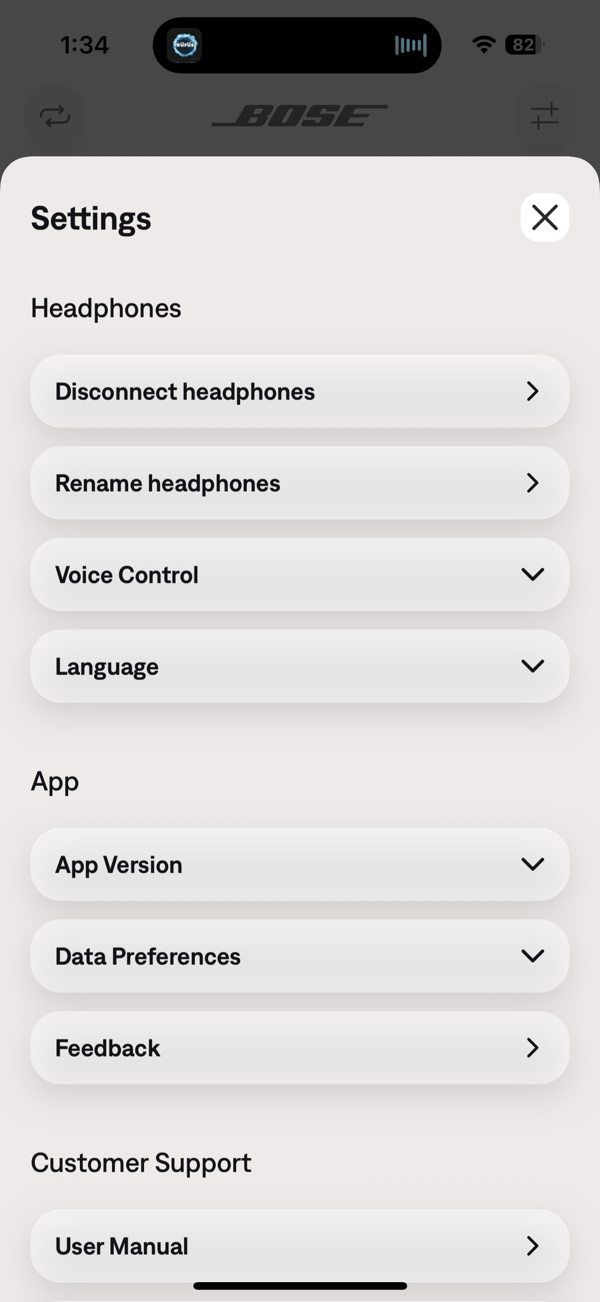 A screenshot showing the Bose QuietComfort Earbuds app settings.