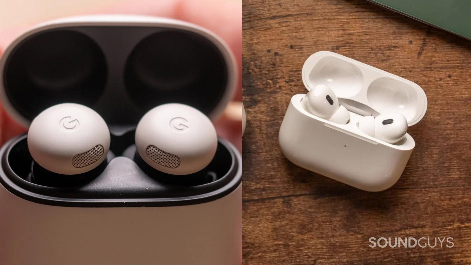 Side by side image of the Pixel Buds Pro 2 and AirPods Pro 2.