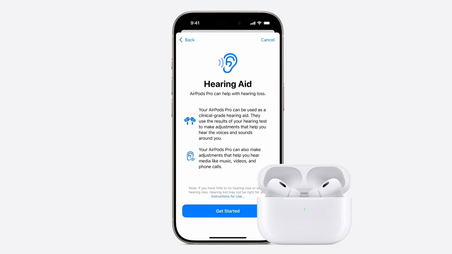 A manufacturer render of the Apple AirPods Pro 2 with the Hearing Aid feature on an iPhone.