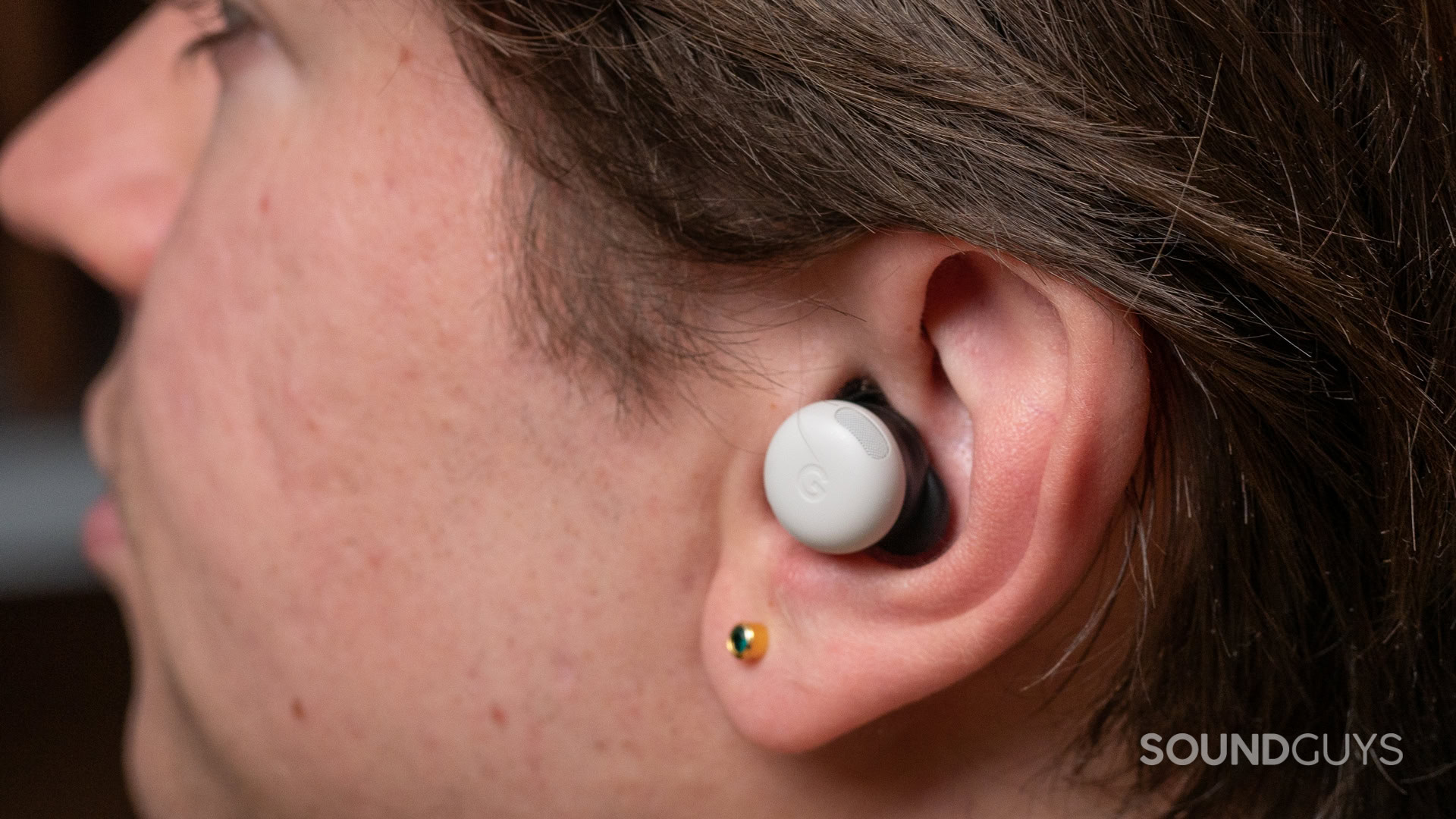 The Google Pixel Buds Pro 2 in someone's ear.