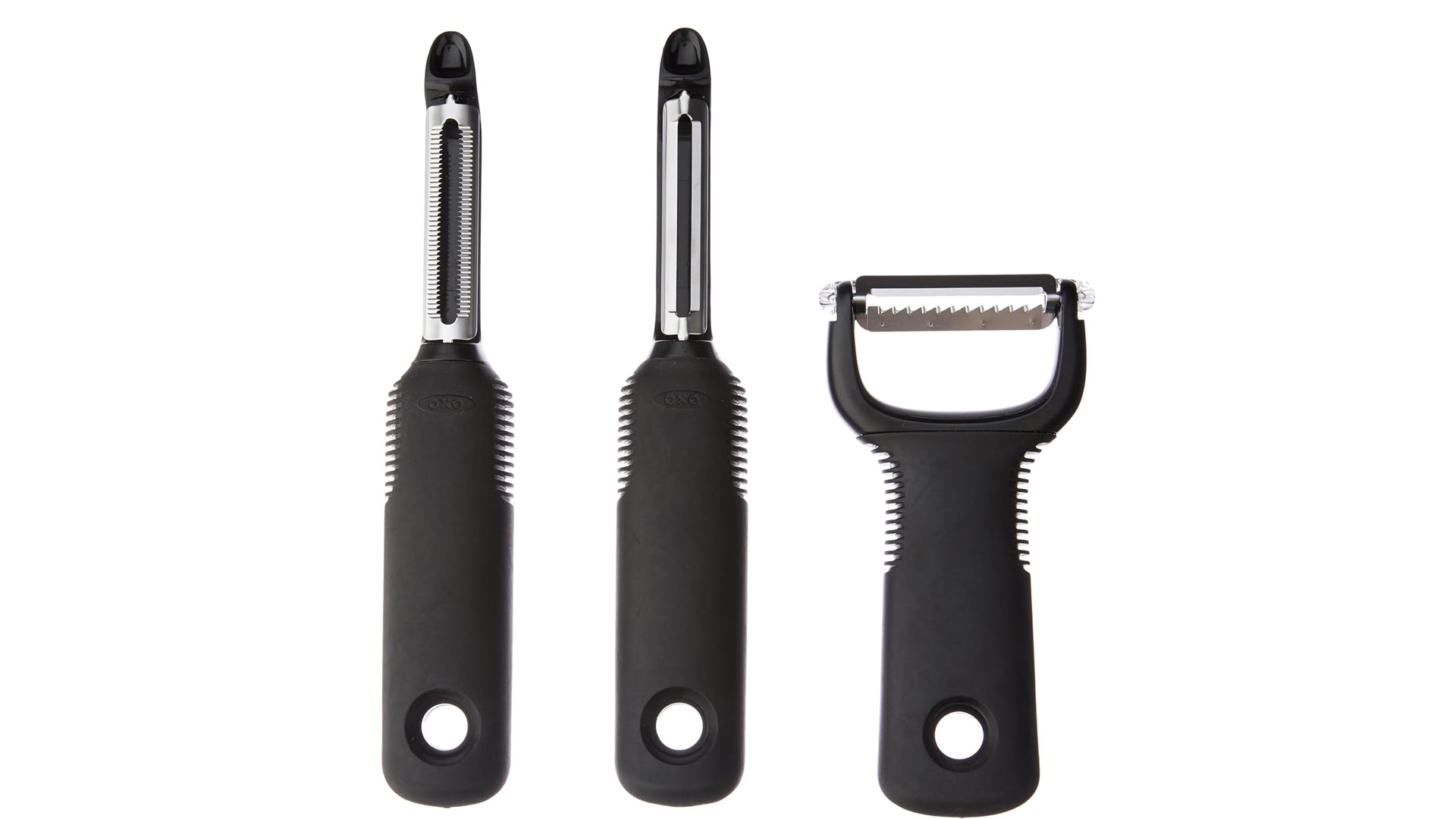 A manufacturer photo of the OXO GoodGrips vegetable peelers.