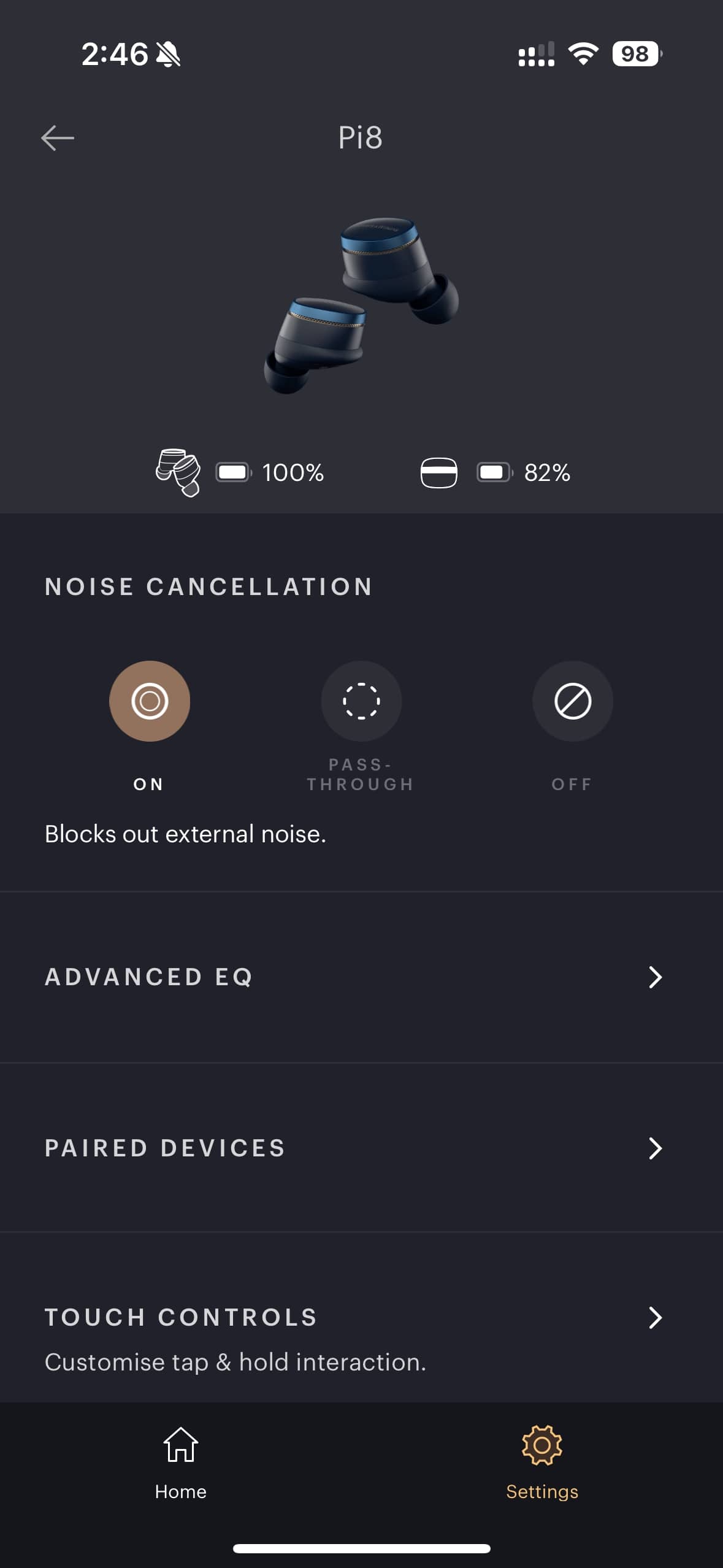 Bowers & Wilkins Pi8 app noise control settings.