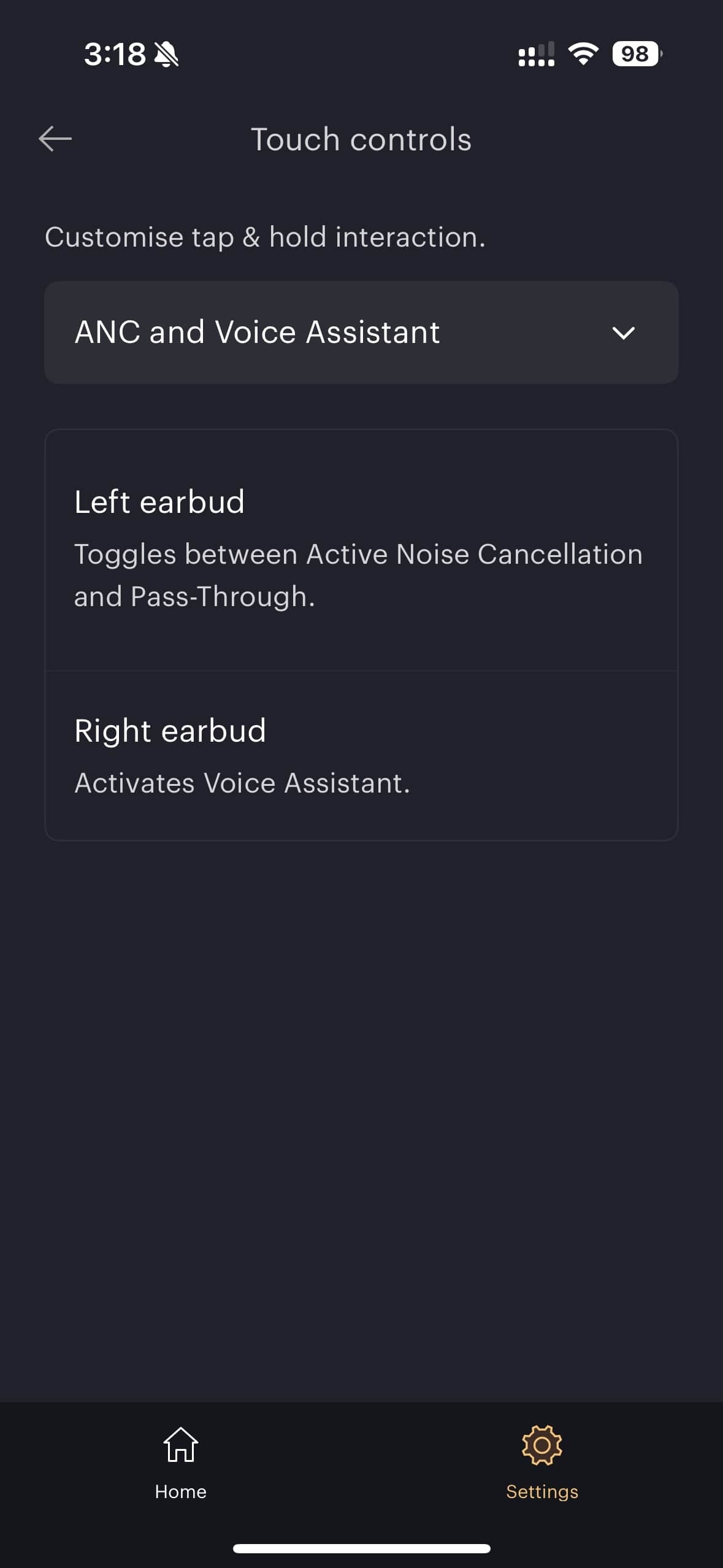 Bowers & Wilkins Pi8 app control settings.