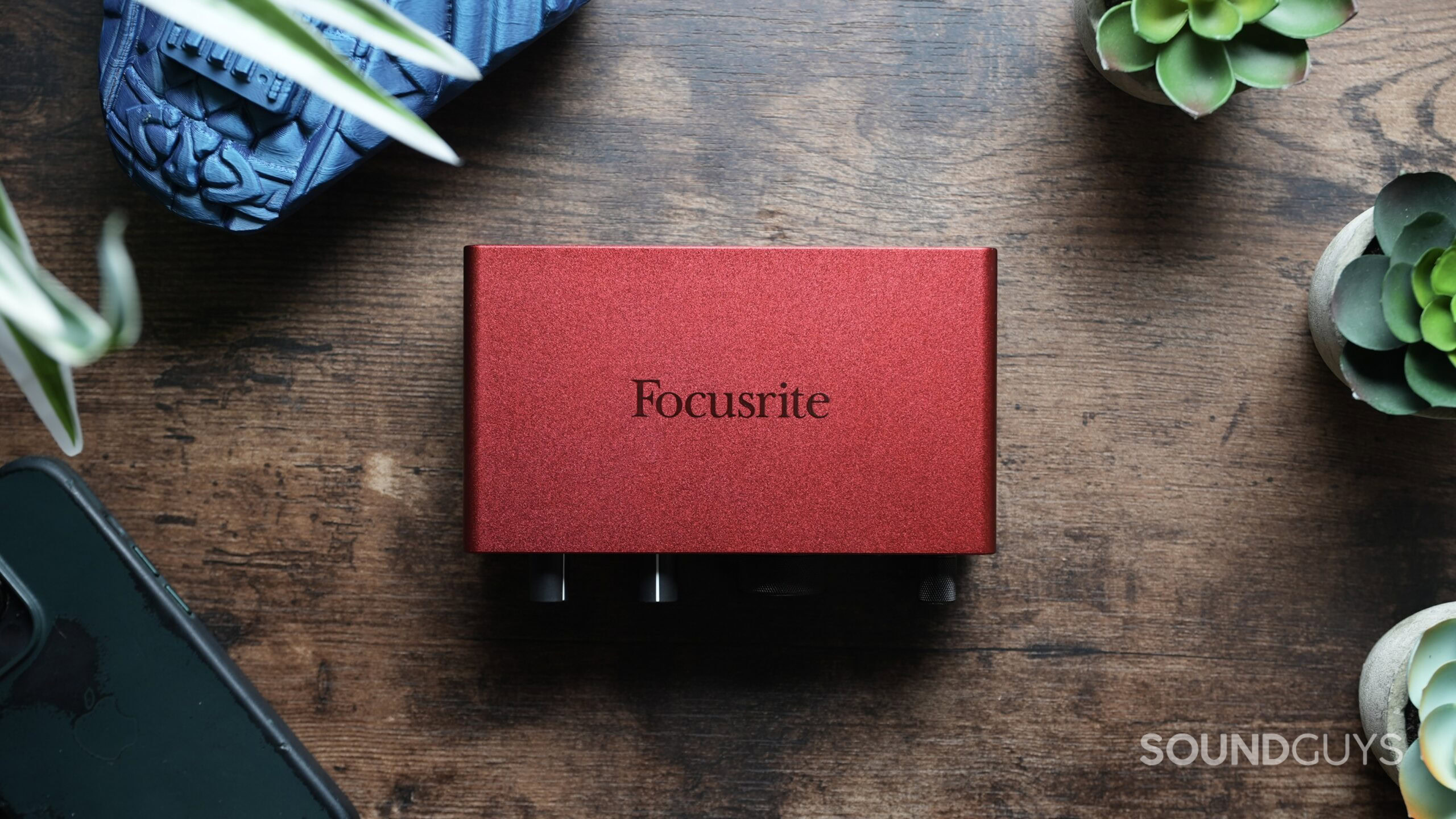 Top down photo of the Focusrite Scarlett Solo 4th Gen, showing its red exterior.