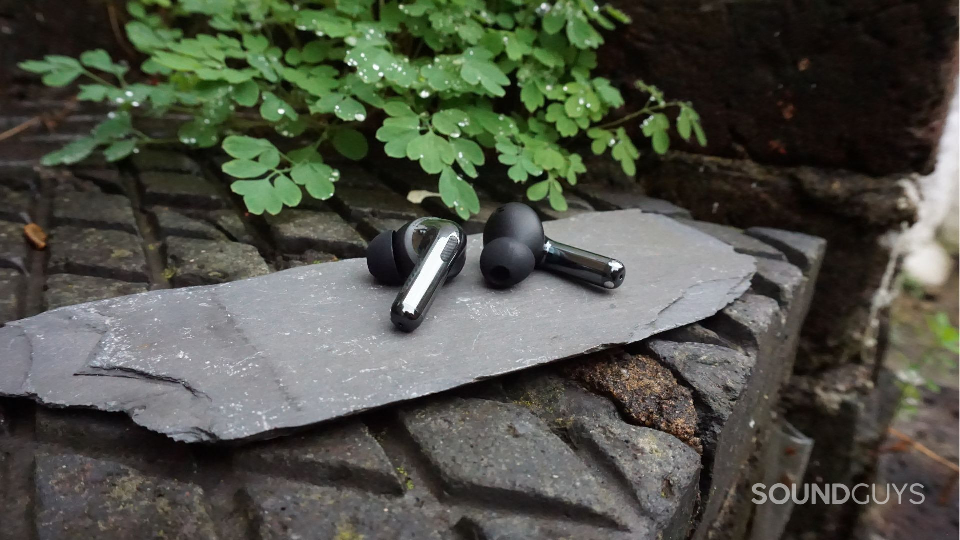 A photo of the OnePlus Buds Pro 3 earbuds outdoors.