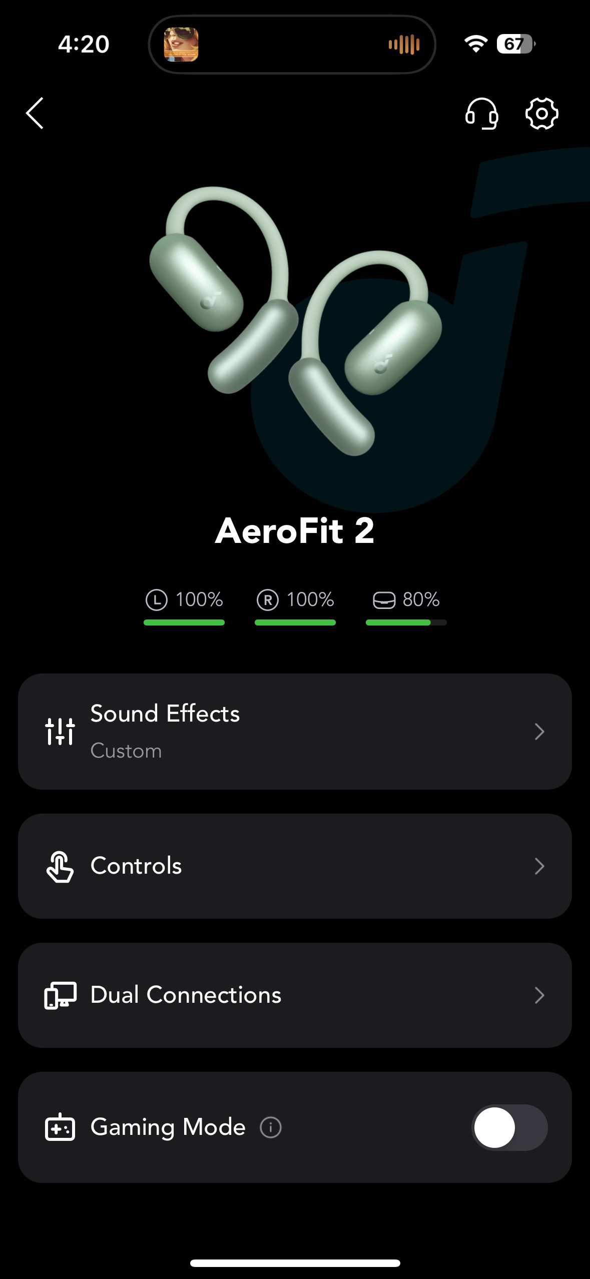 Screen shot of the Soundcore app while connected to the AeroFit 2.