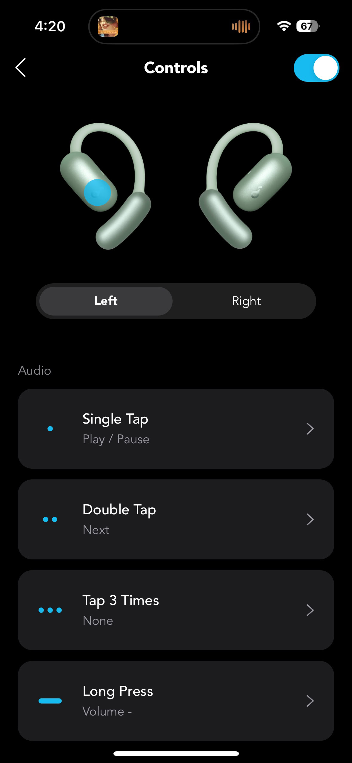 Screen shot of the Soundcore app while connected to the AeroFit 2.