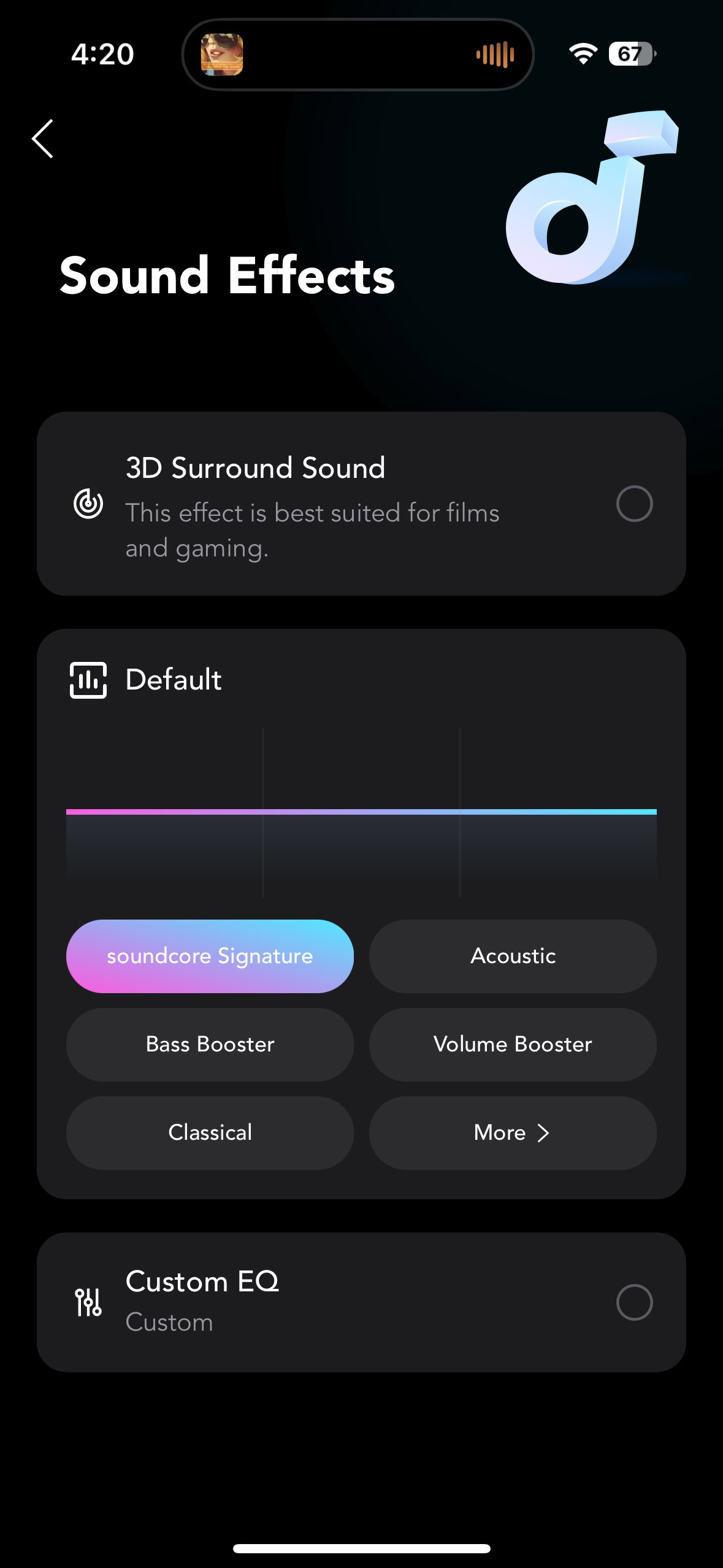 Screen shot of the Soundcore app while connected to the AeroFit 2.