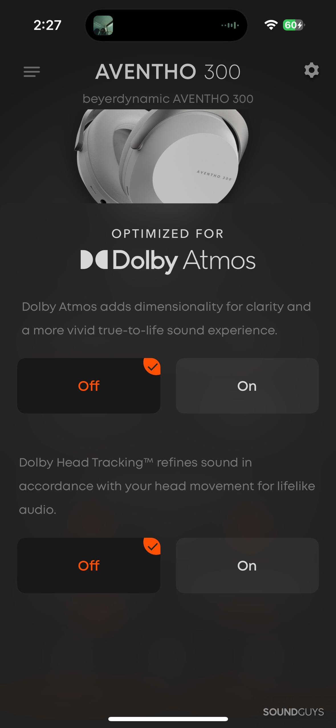 A screenshot of the Beyerdynamic AVENTHO 300 app showing the Dolby Atmos settings.