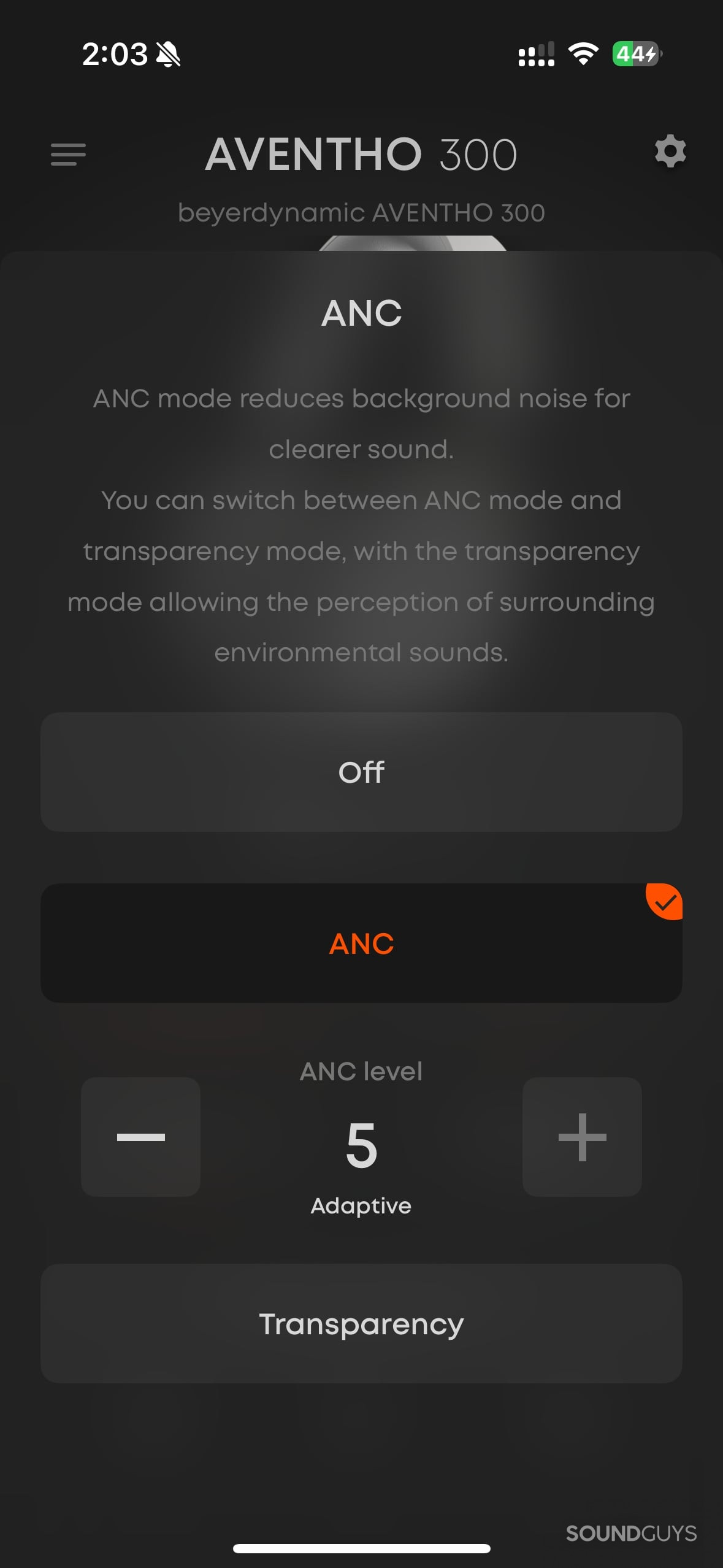 A screenshot of the Beyerdynamic app showing the ANC modes.