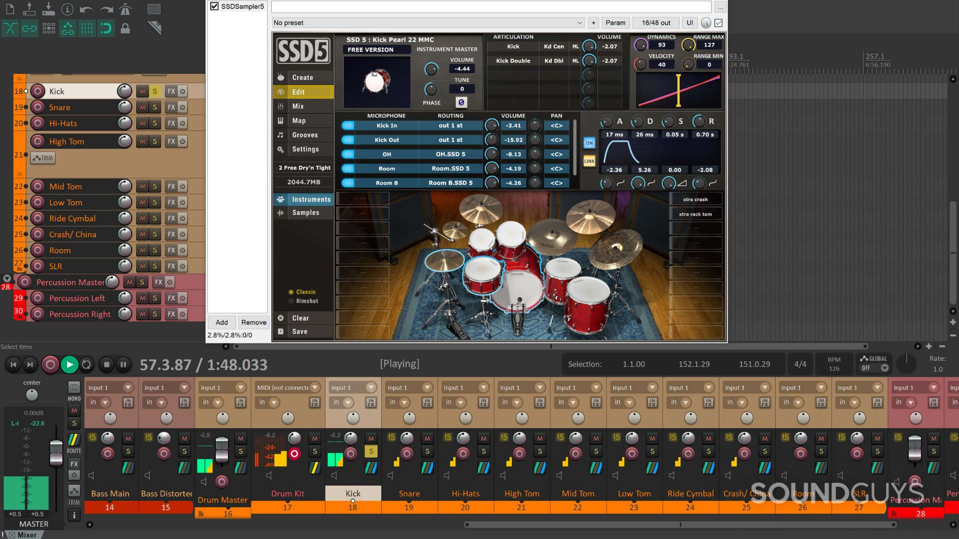 A screenshot of Steven Slate Drums 5.5 Free in Reaper DAW.