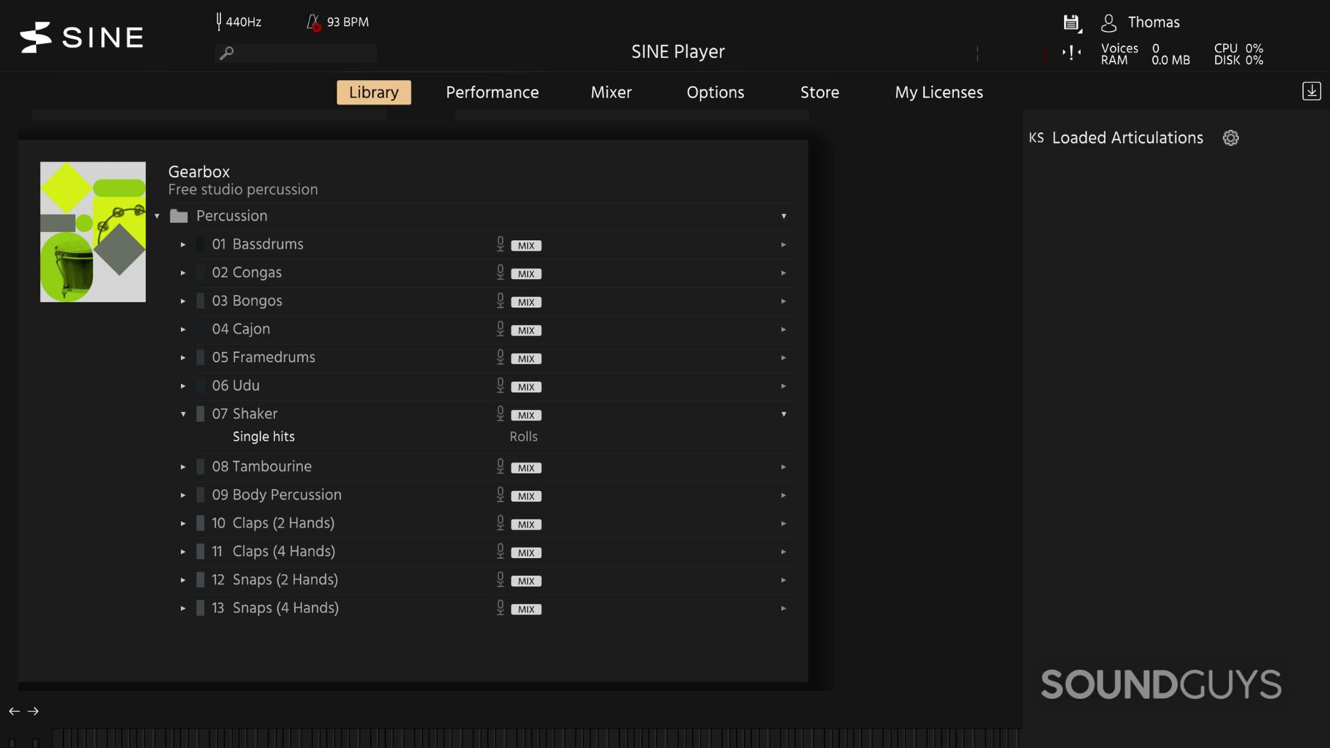 A screenshot of SINE Players free percussion sample library.