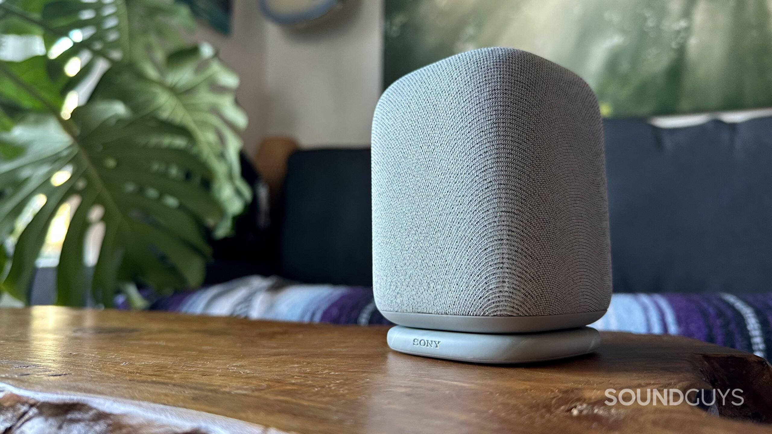 A Sony LinkBuds Speaker on a coffee table in a living room.