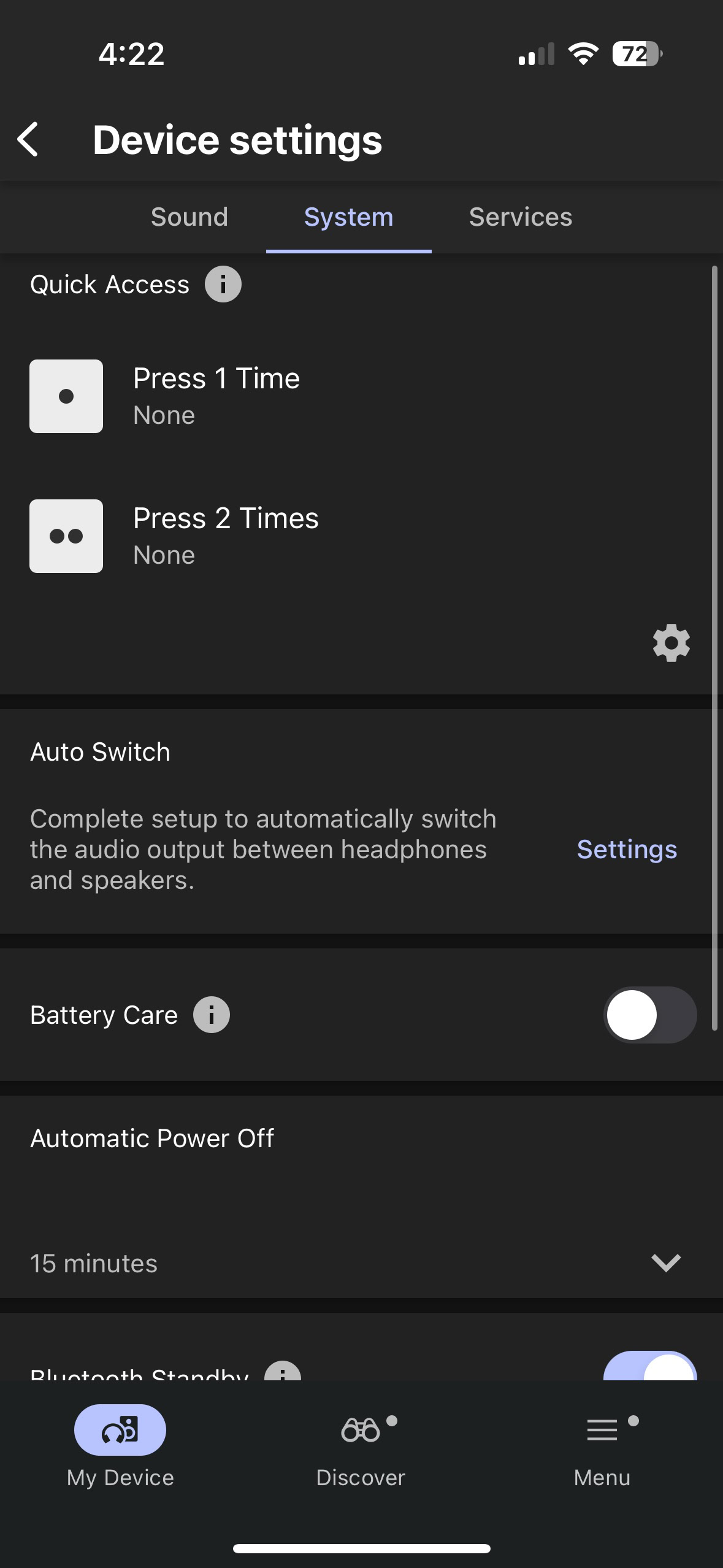 Screen shot of the Sony Sound Connect app while connected to the LinkBuds Speaker