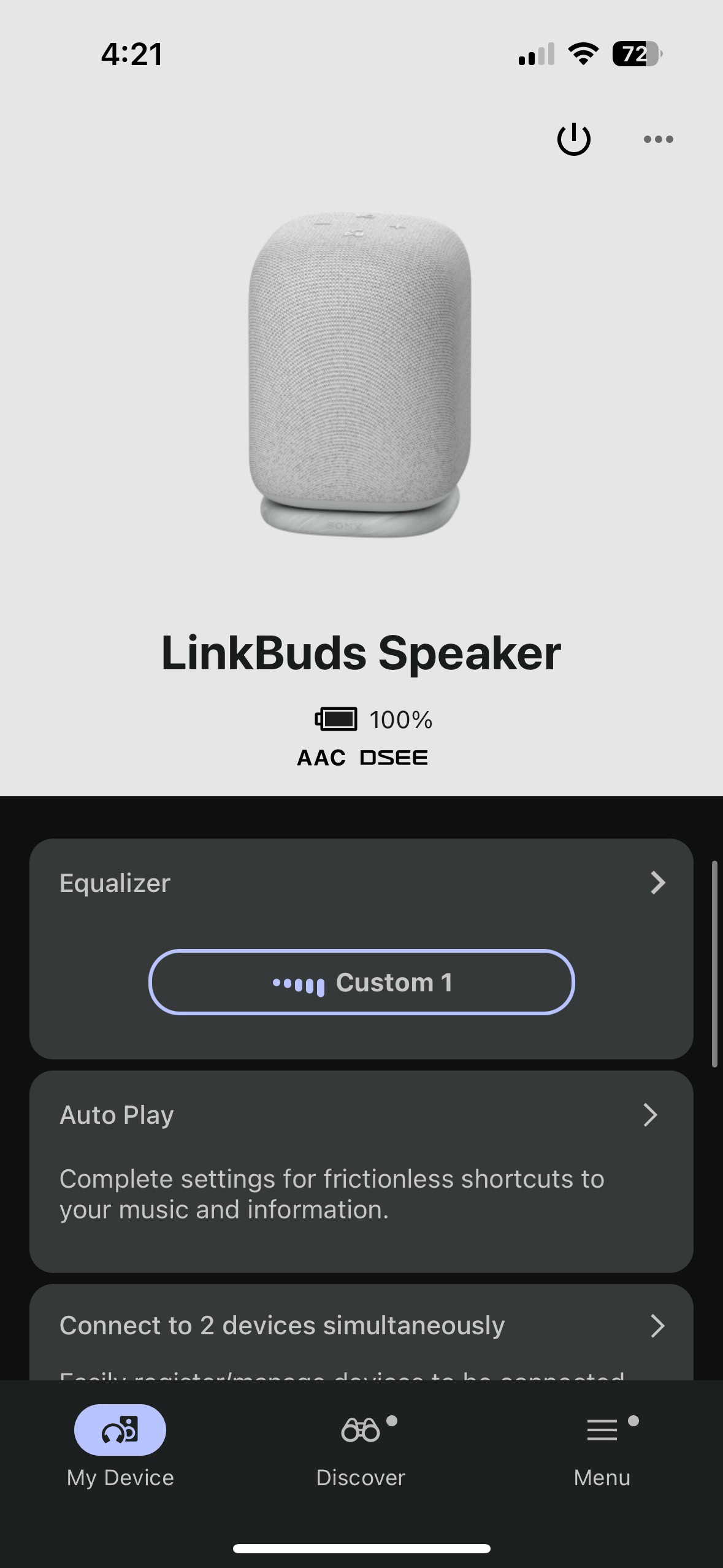 Screen shot of the Sony Sound Connect app while connected to the LinkBuds Speaker