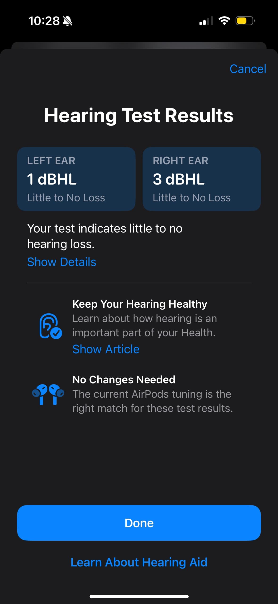 The AirPods Pro 2 hearing test results.