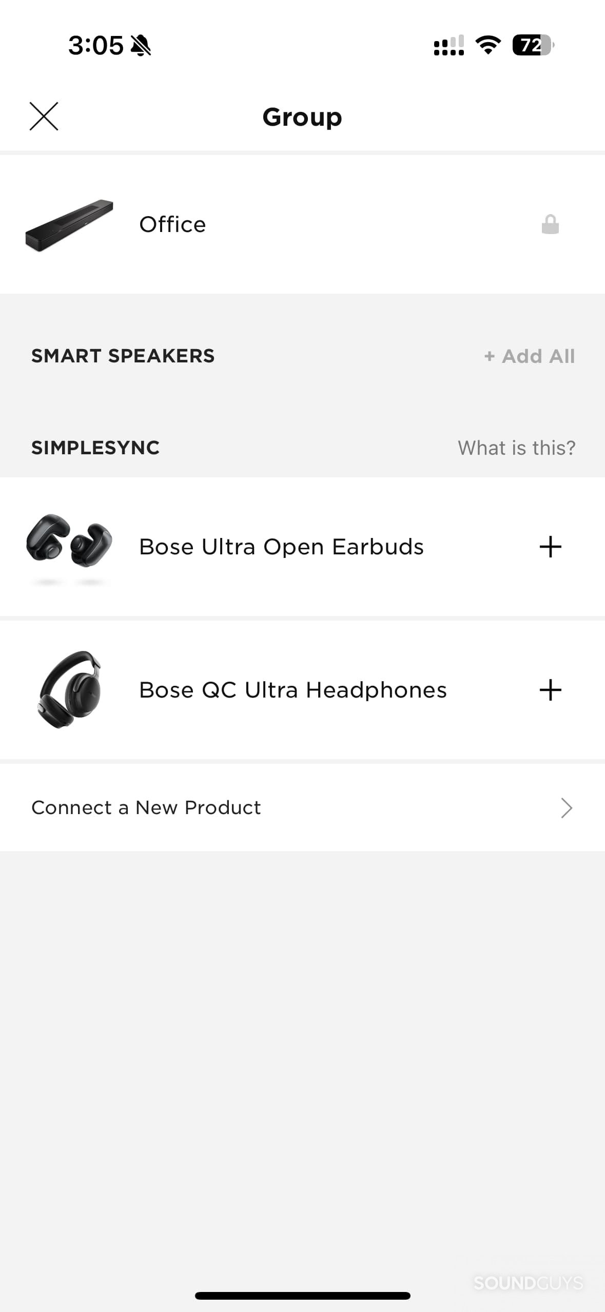 A screenshot of the Bose app showing the Smart Soundbar group options.