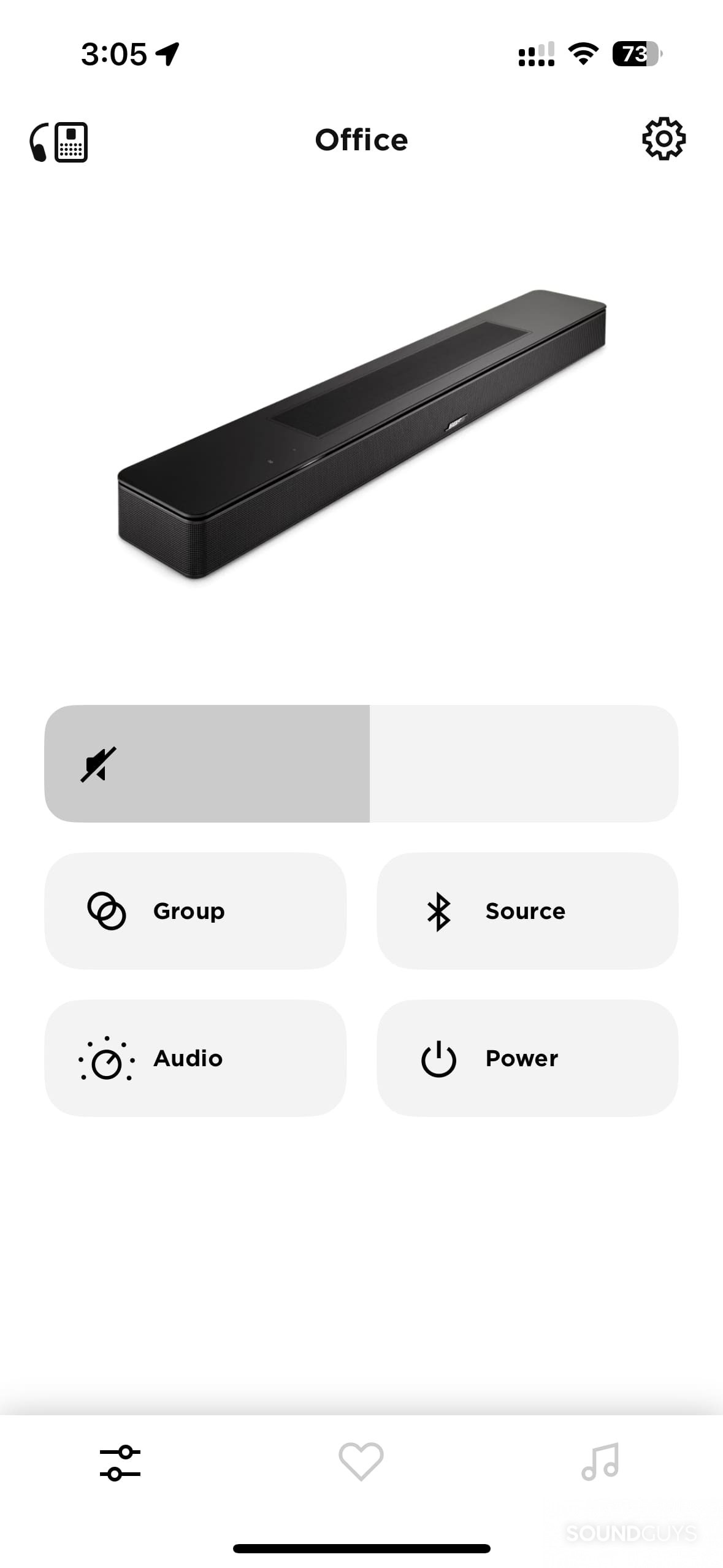 A screenshot of the Bose app showing the Smart Soundbar and its settings.