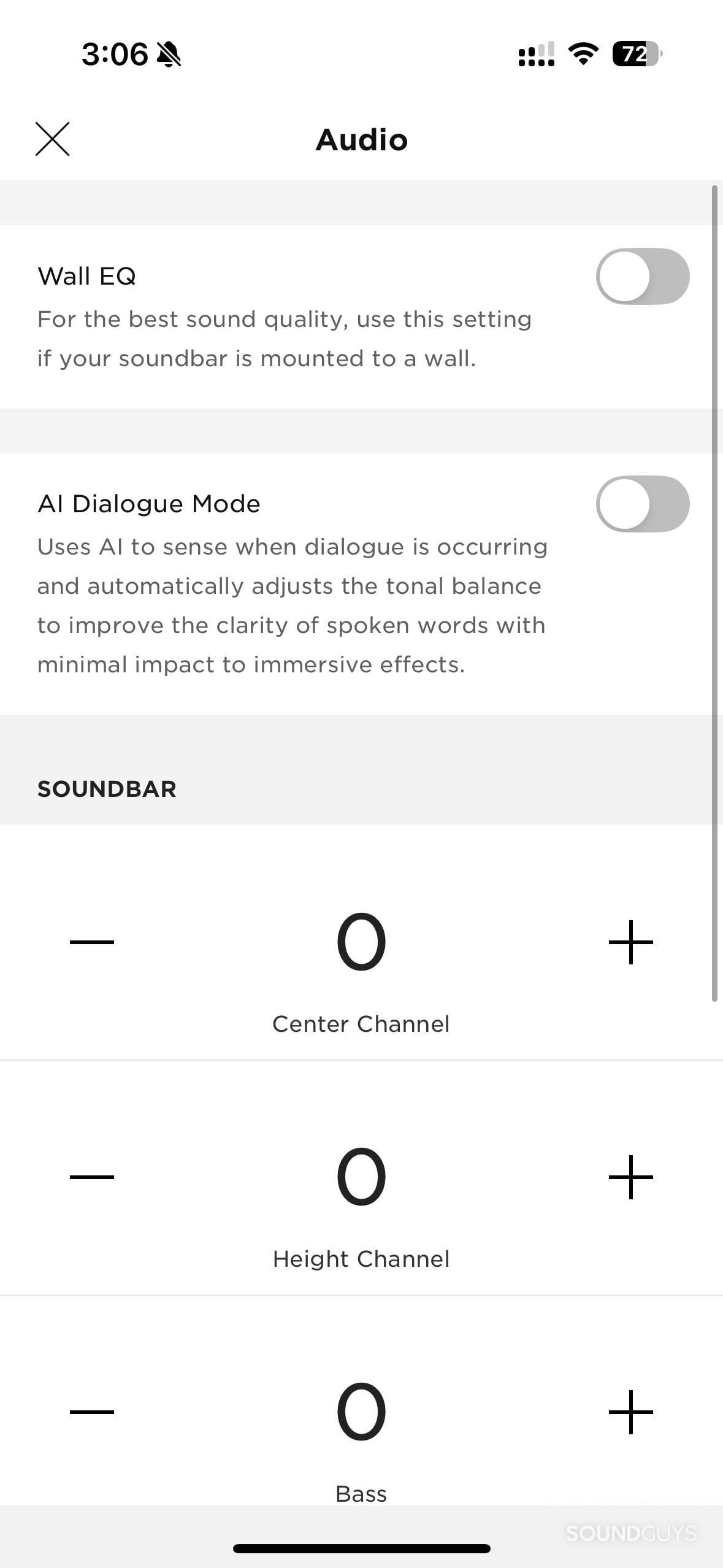 A screenshot of the Bose Smart Soundbar showing the audio settings.