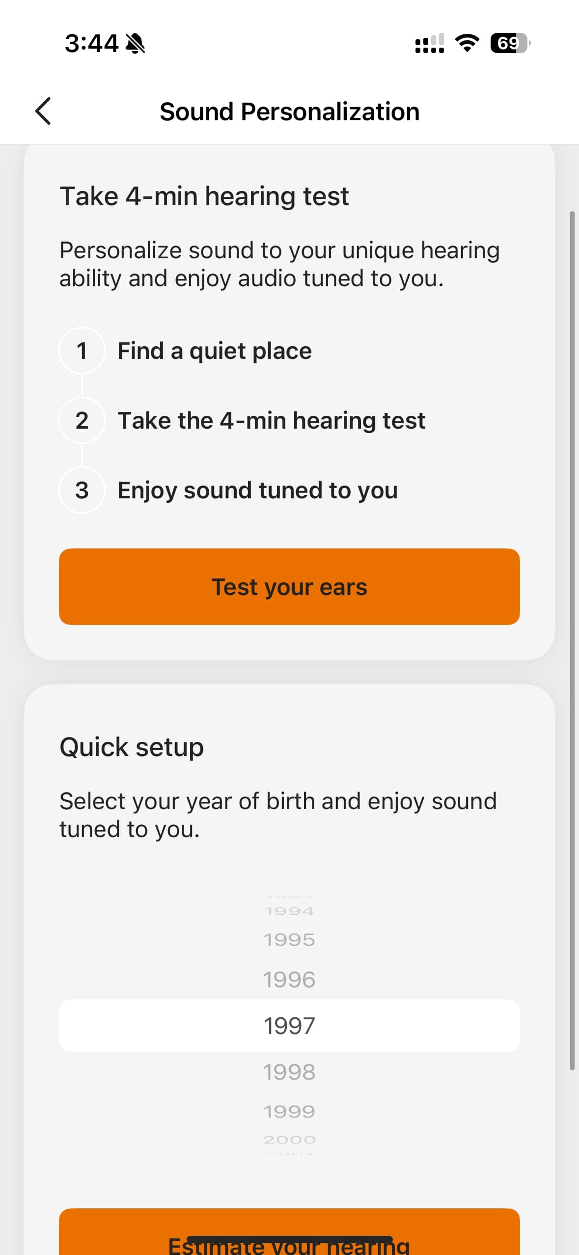 A screenshot of the Creative app showing the sound personalization test for the Aurvana Ace Mimi.