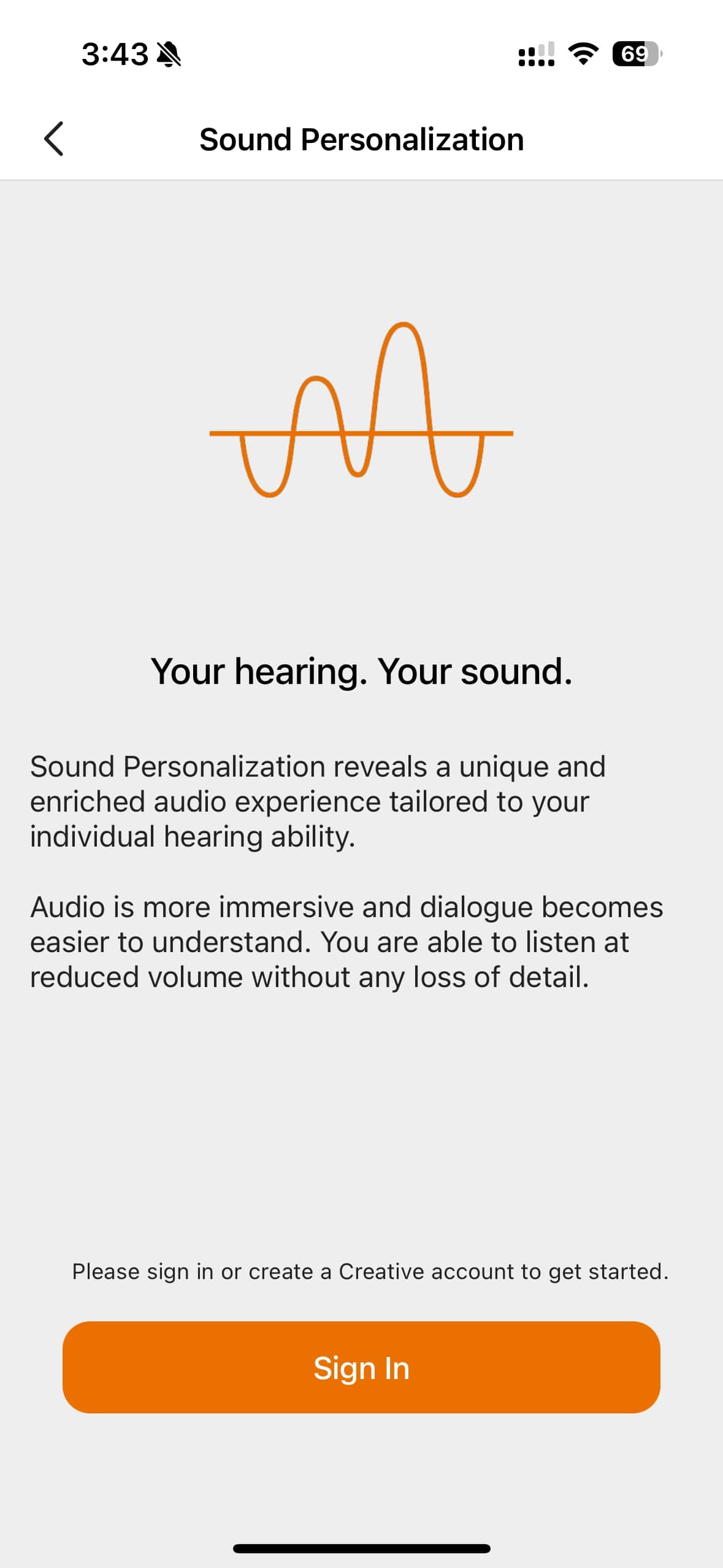 A screenshot of the Creative app for the Aurvana Ace Mimi showing the sound personalization login.