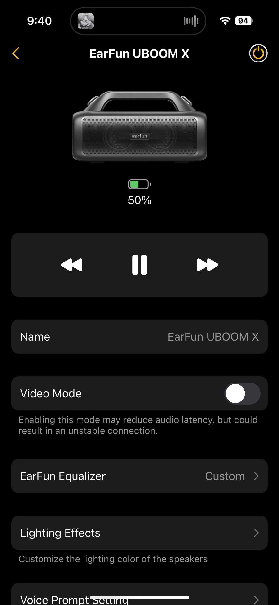 Screenshot of the Earfun app while connected to the UBOOM X.