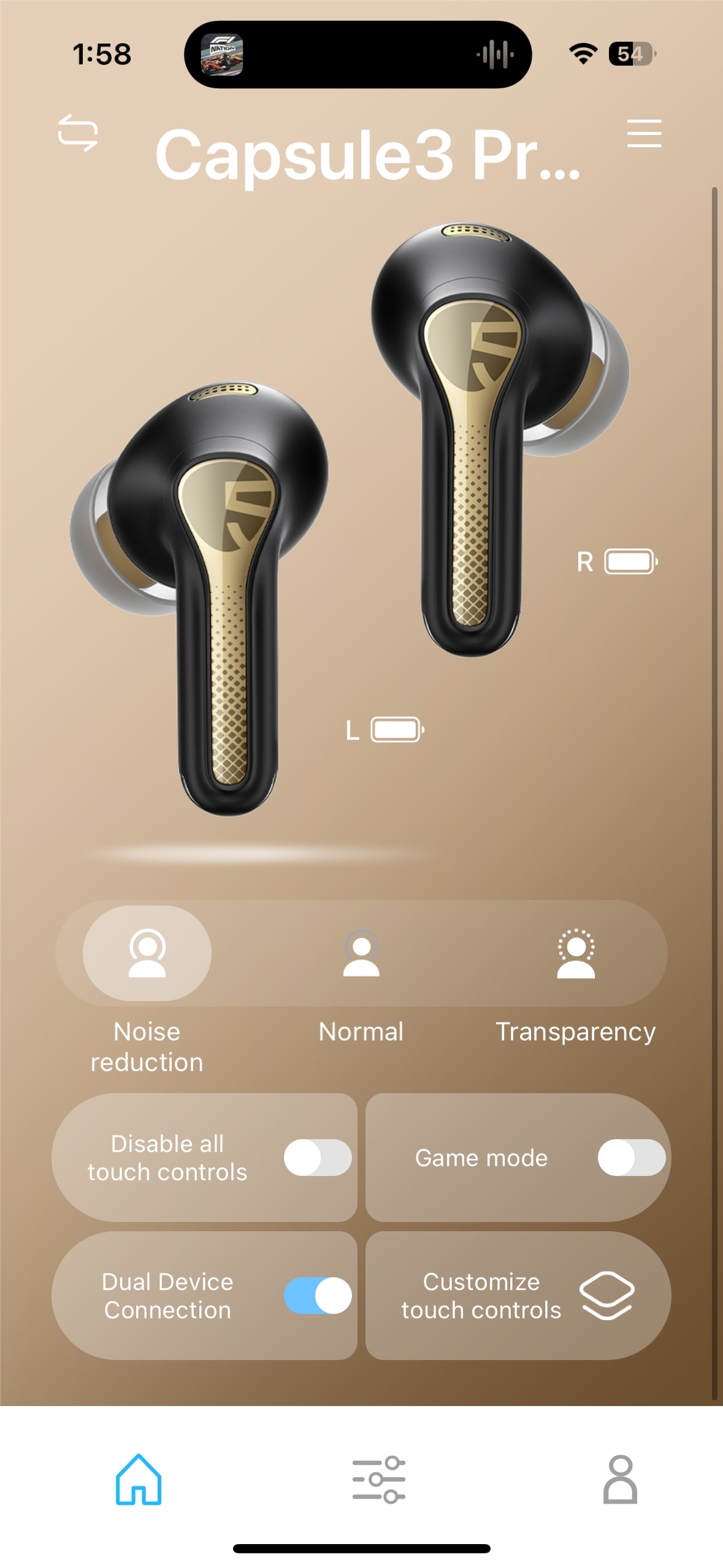 A screenshot of the PeatsAudio app for the SoundPEATS Capsule3 Pro Plus showing the home screen with battery and listening mode information.