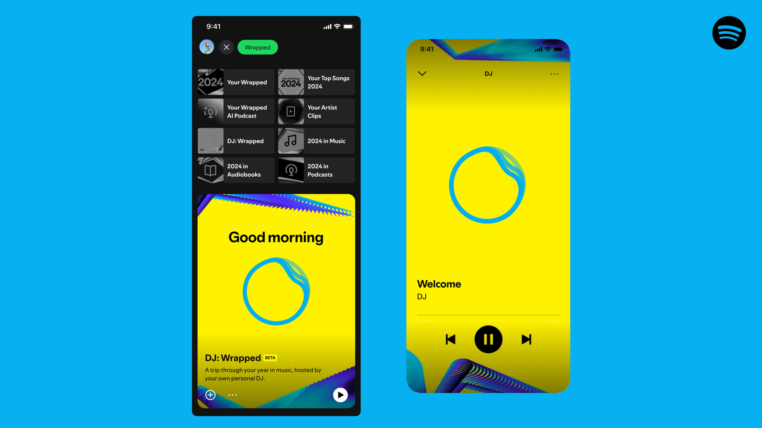 Screenshots of the Spotify Wrapped AI DJ. 