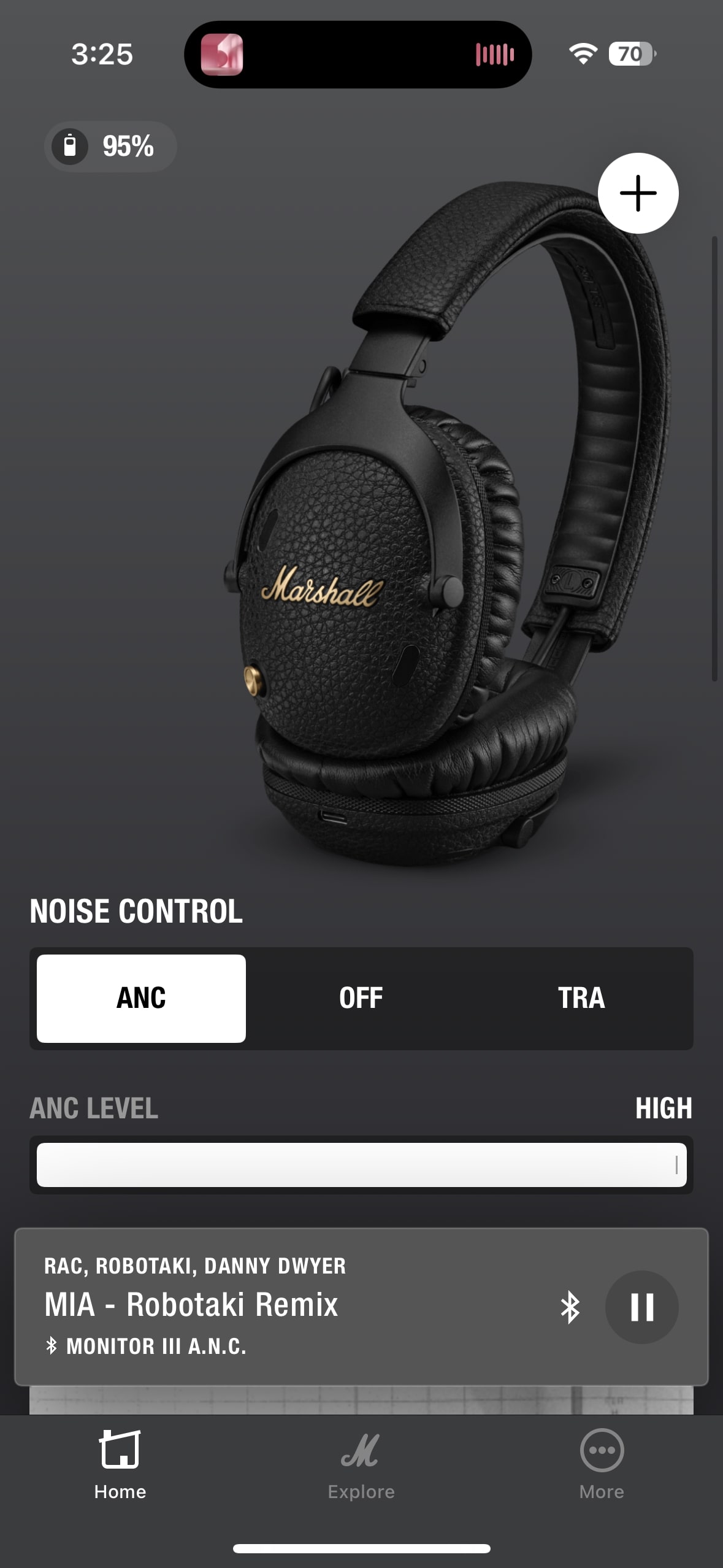 Screenshot of Marshall Monitor III ANC app home screen.