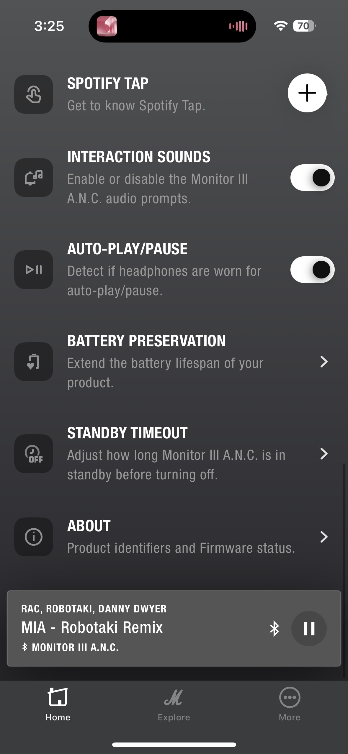 Screenshot of Marshall Monitor III ANC app settings.