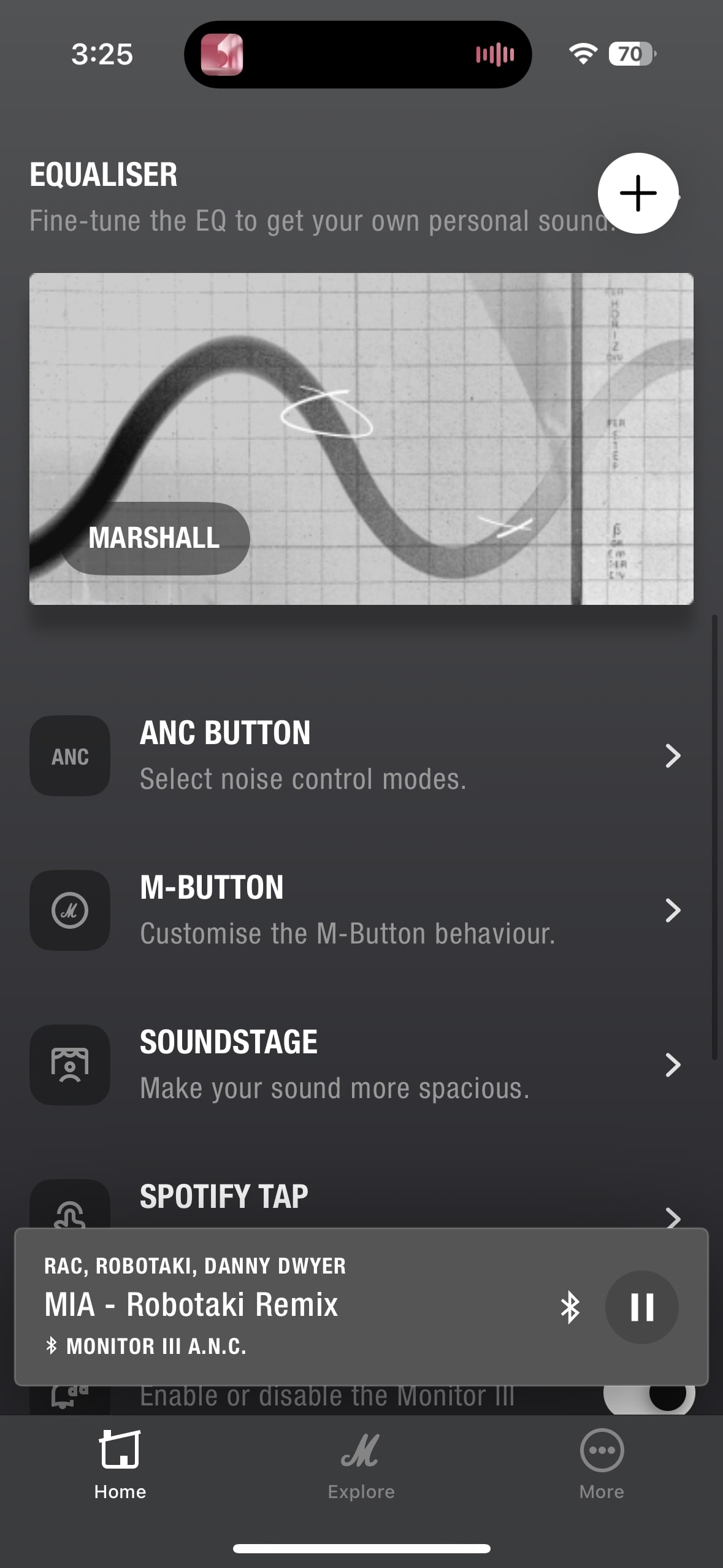 Screenshot of the Marshall app showing sound and control customization options.