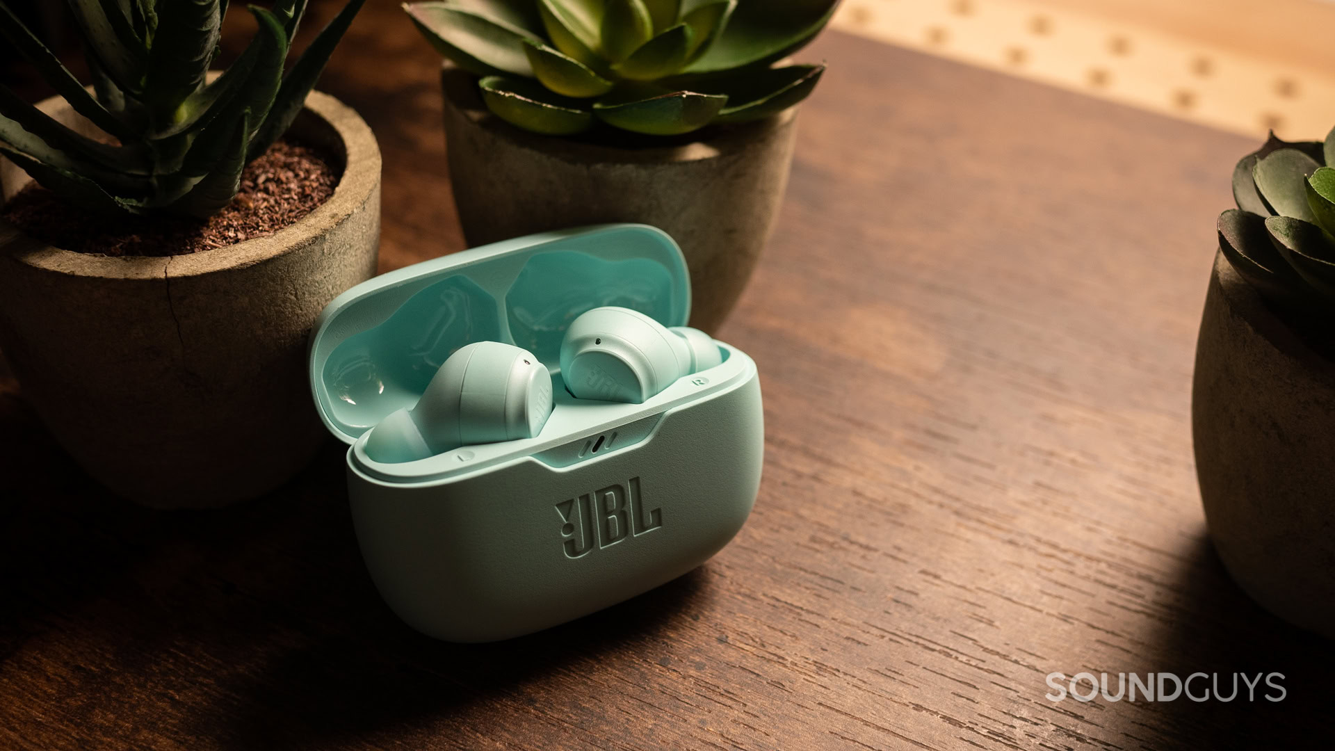 A photo of the JBL Vibe Beam sitting atop a wooden desk with plants nearby.