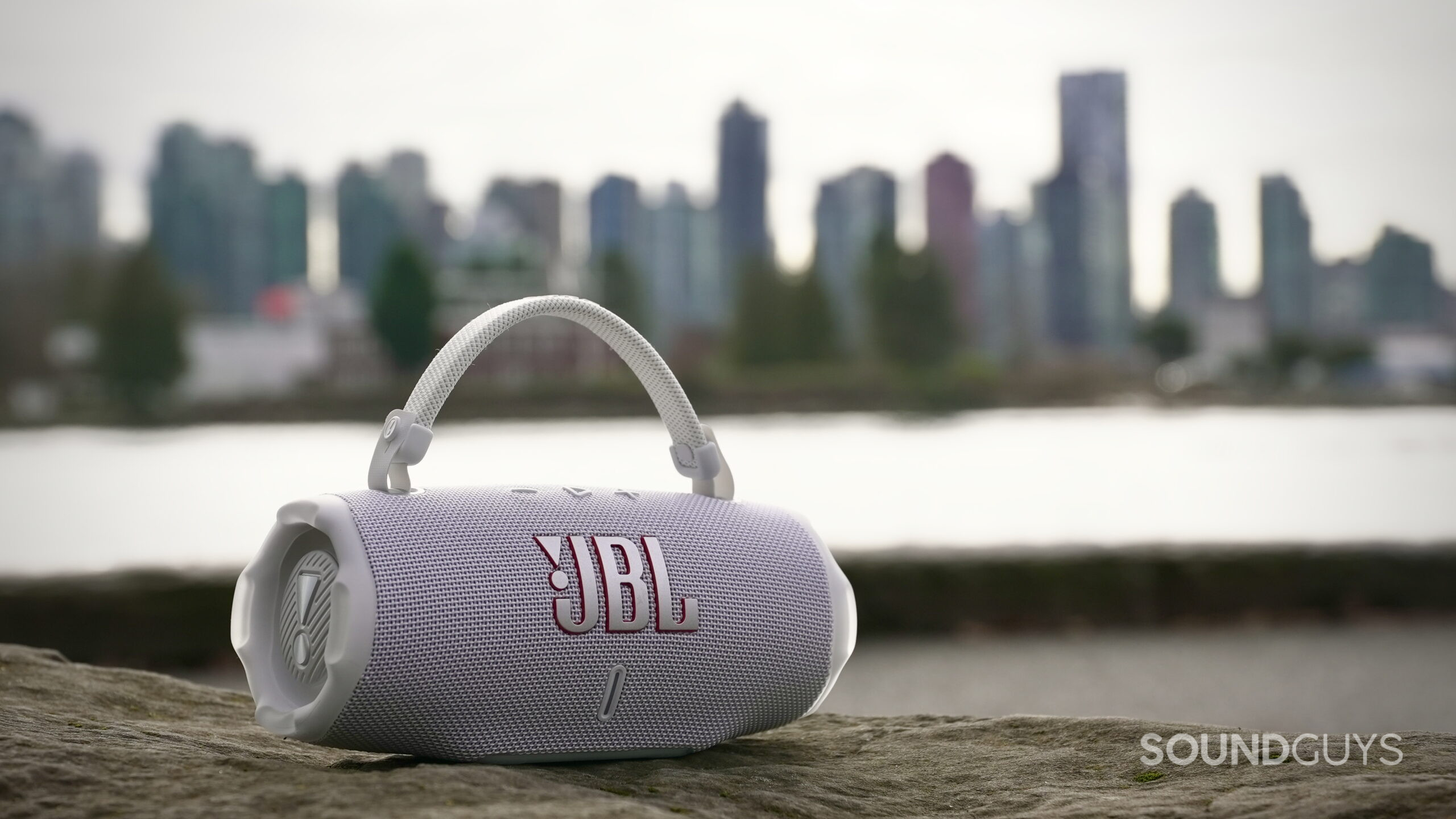 A JBL Charge 6 speaker resting on a rock with the city in the back ground.