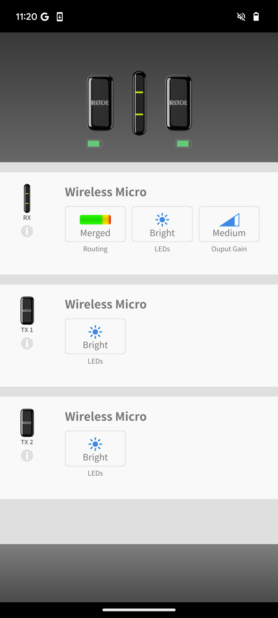 A screen shot of the Rode Central app while connected to the Wireless Micro.