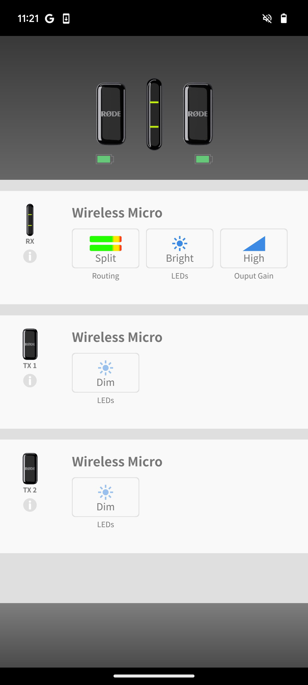 A screen shot of the Rode Central app while connected to the Wireless Micro.