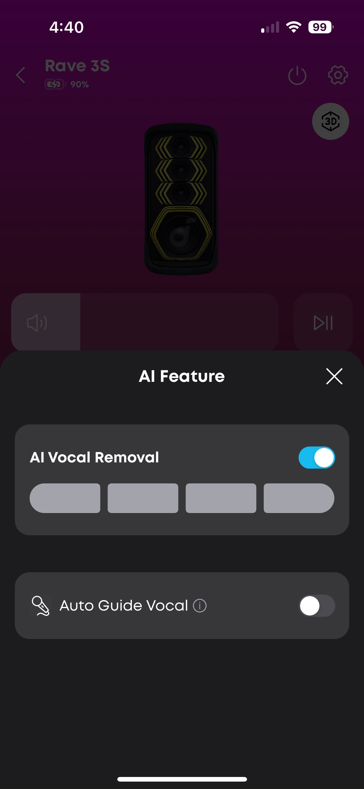 A screen shot of the Soundcore app while connected to a Rave 3S speaker.