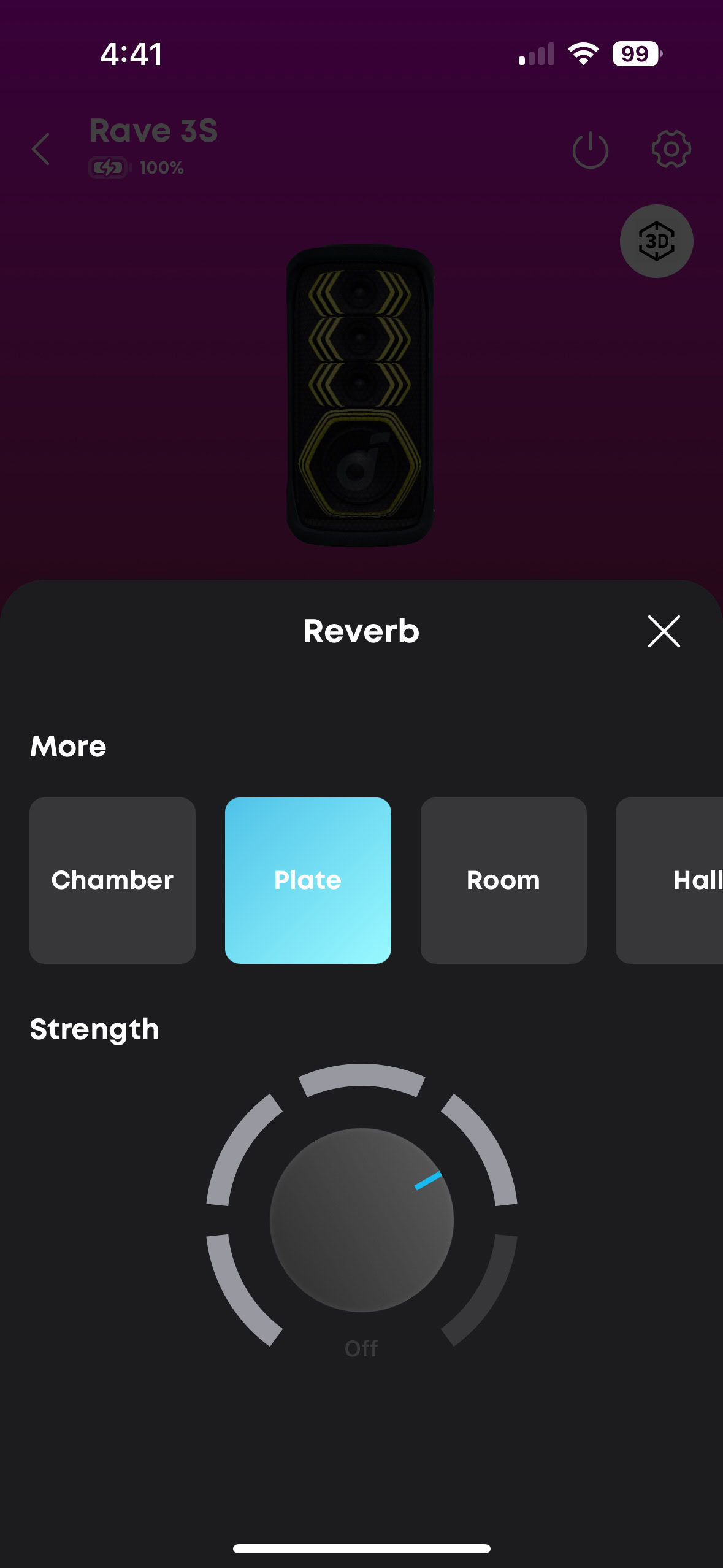 A screen shot of the Soundcore app while connected to a Rave 3S speaker.