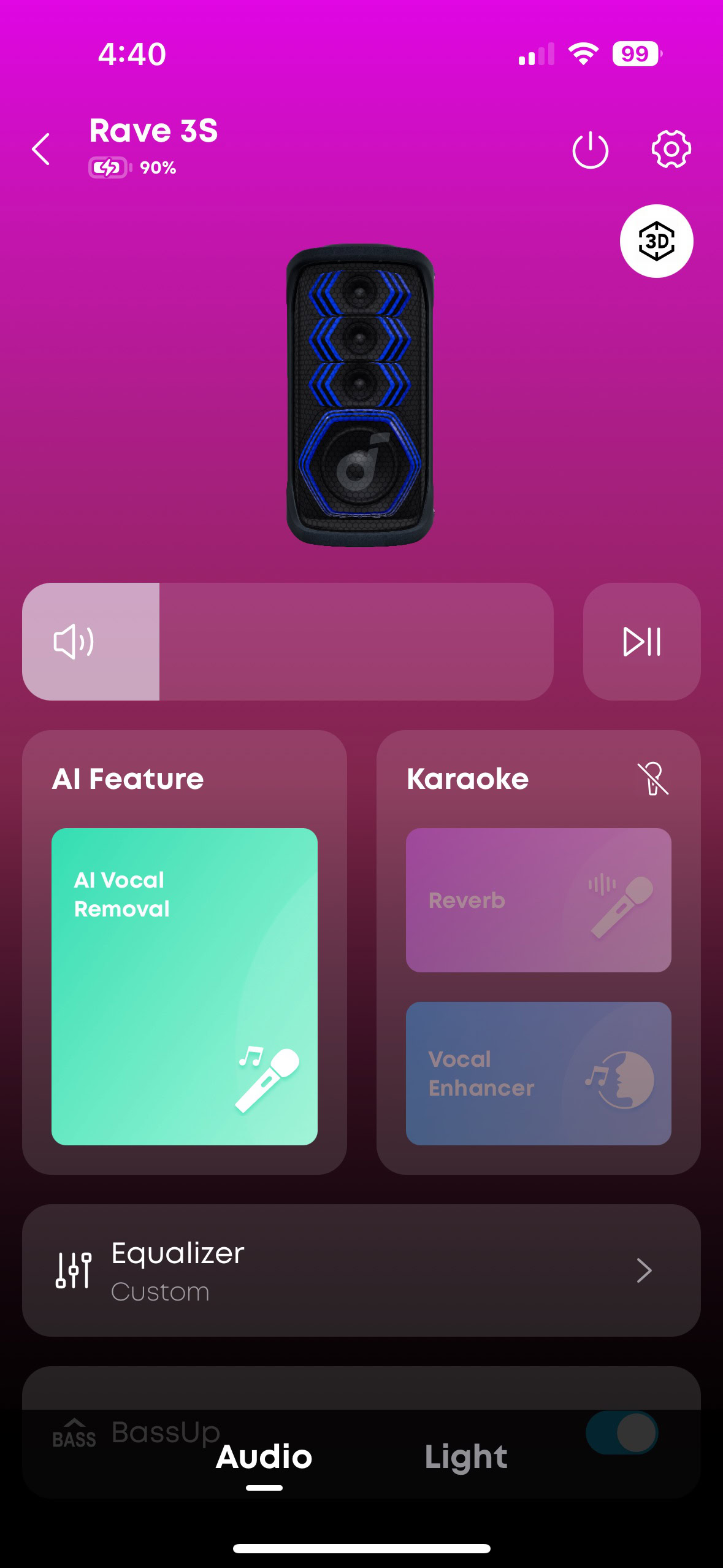 A screen shot of the Soundcore app while connected to a Rave 3S speaker.